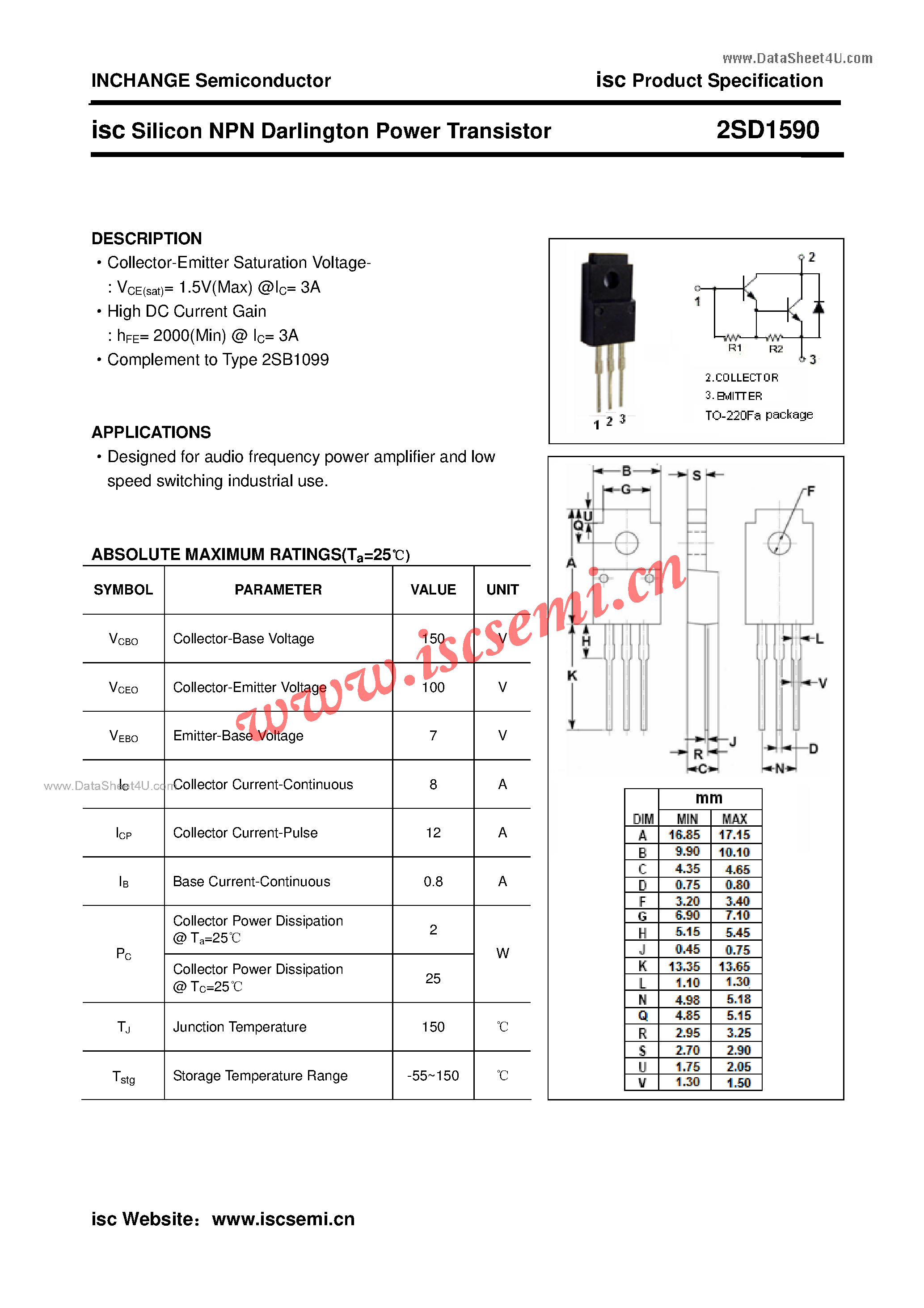 Datasheet 2SD1590 - Silicon NPN Darlington Power Transistor page 1