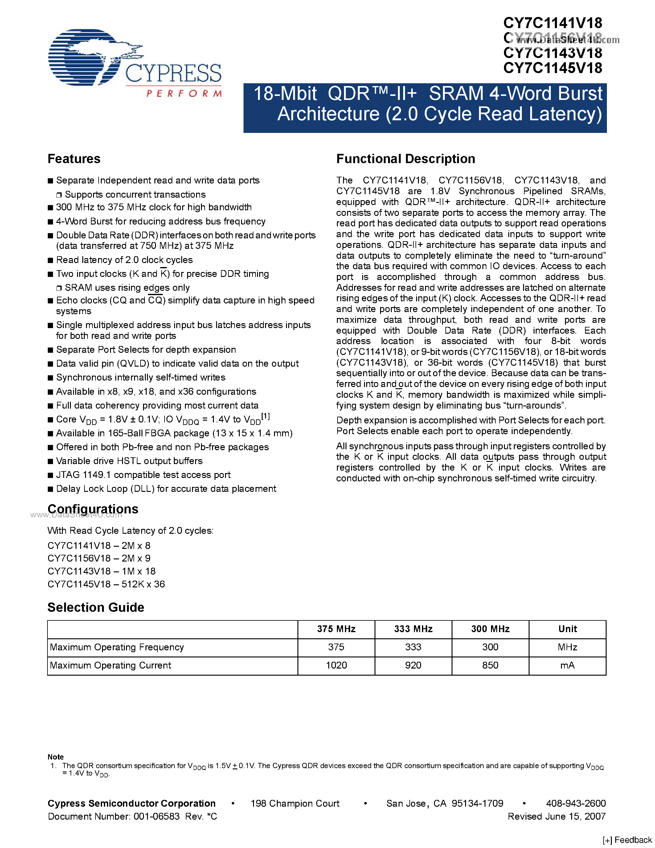 Datasheet CY7C1141V18 page 1 Datasheet CY7C1141V18 - (CY7C11xxV18) SRAM 4-Word Burst Architecture page 1