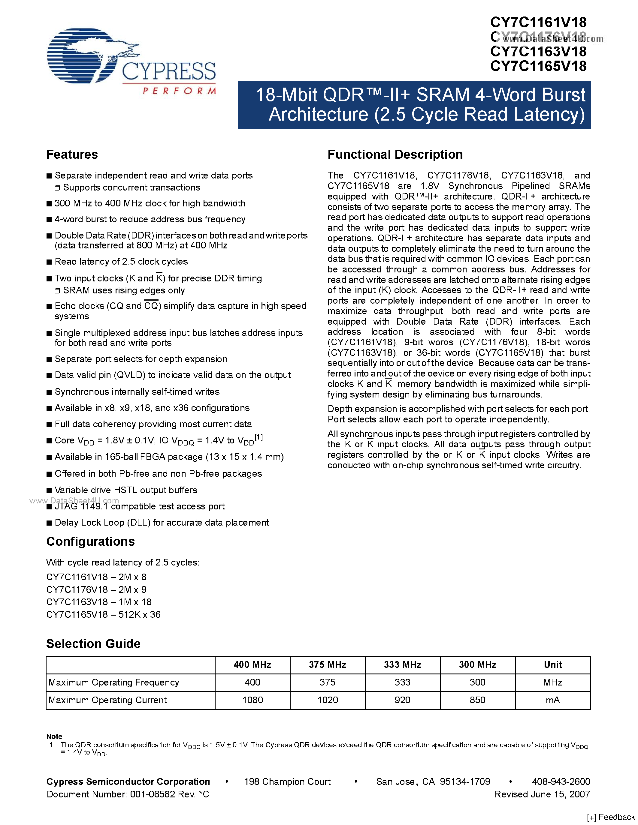 Datasheet CY7C1161V18 page 1 Datasheet CY7C1161V18 - (CY7C11xxV18) SRAM 4-Word Burst Architecture page 1