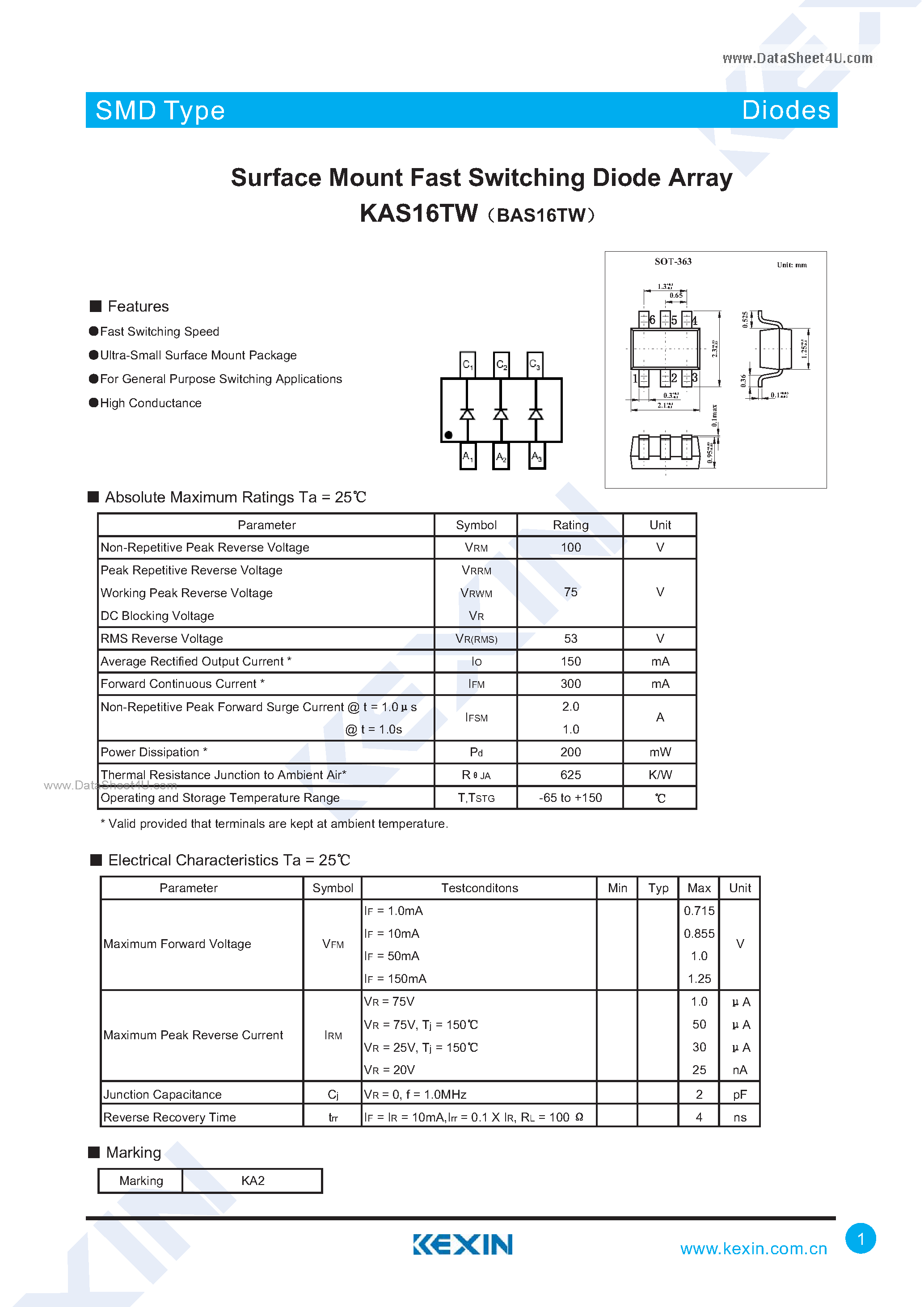 Datasheet KAS16TW page 1 Datasheet KAS16TW - Surface Mount Fast Switching Diode Array page 1