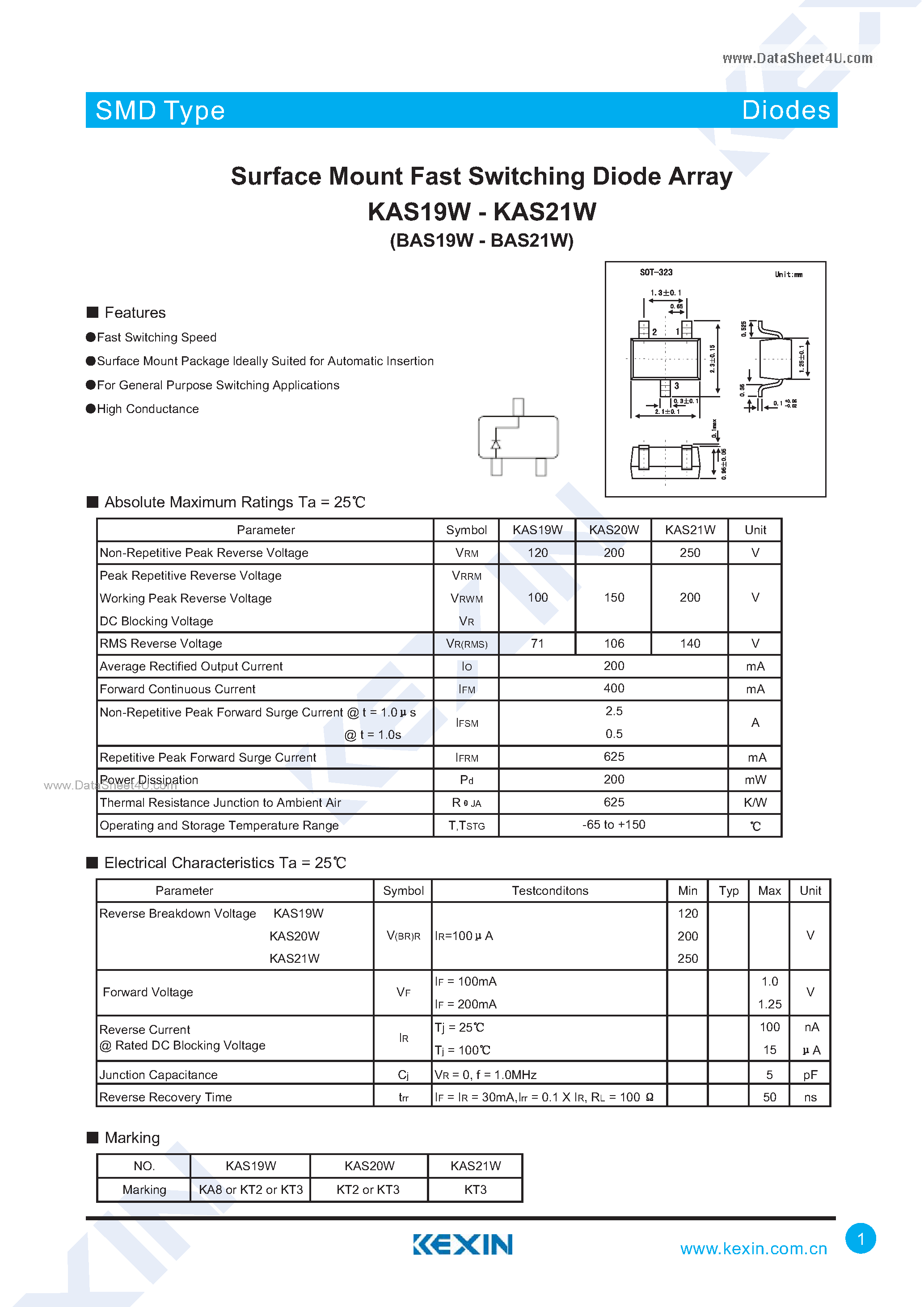 Datasheet KAS19W - (KAS19W - KAS21W) Surface Mount Fast Switching Diode Array page 1