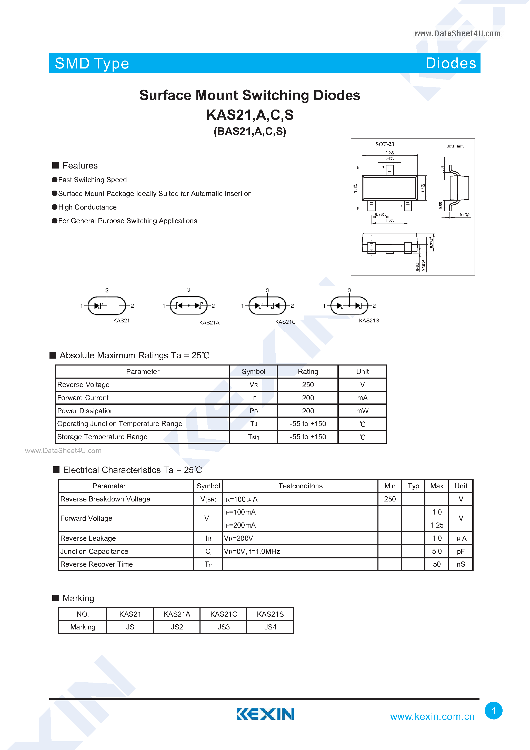 Datasheet KAS21 - Surface Mount Fast Switching Diode Array page 1