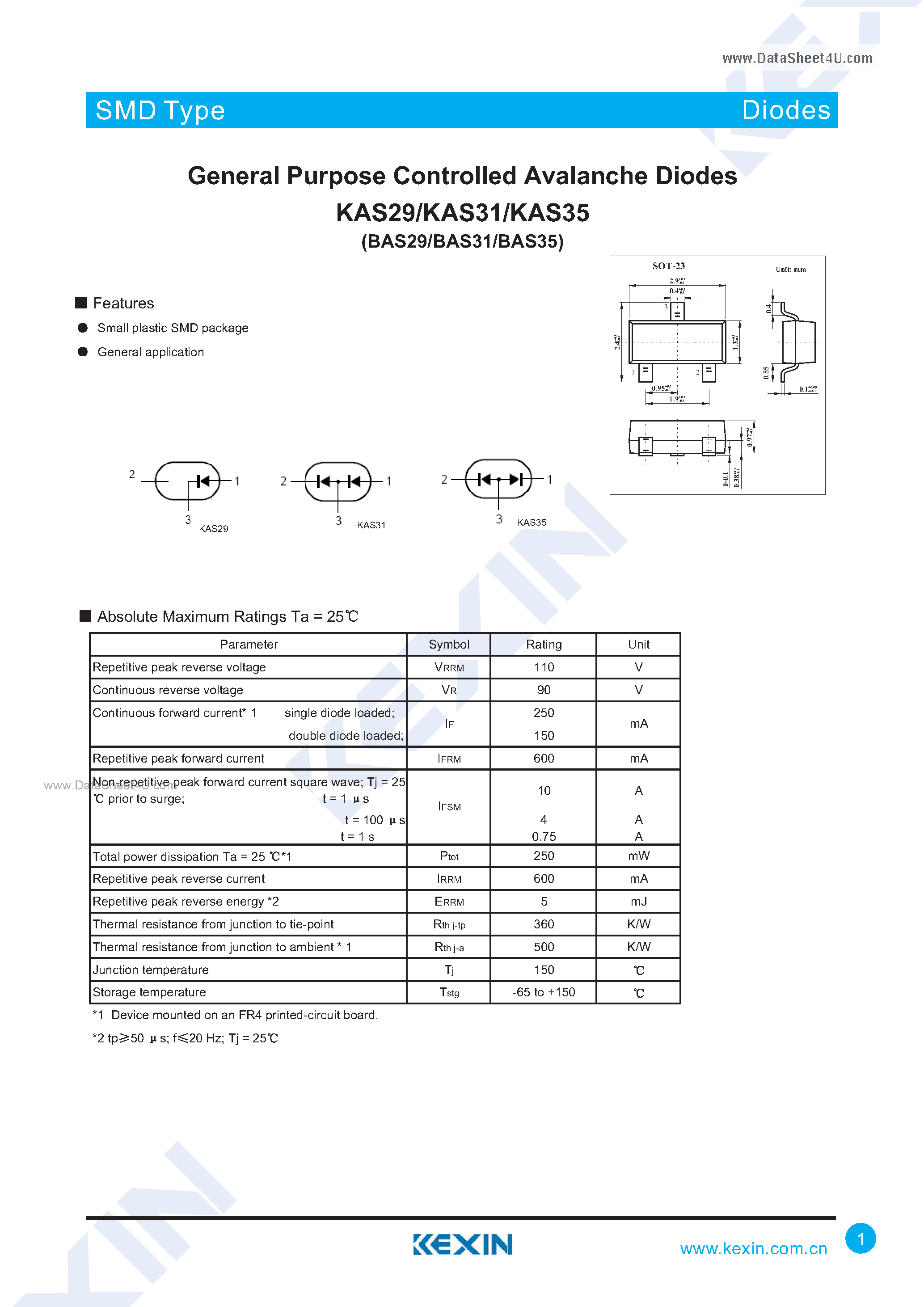 Datasheet KAS29 - (KAS29 - KAS35) Surface Mount Fast Switching Diode Array page 1