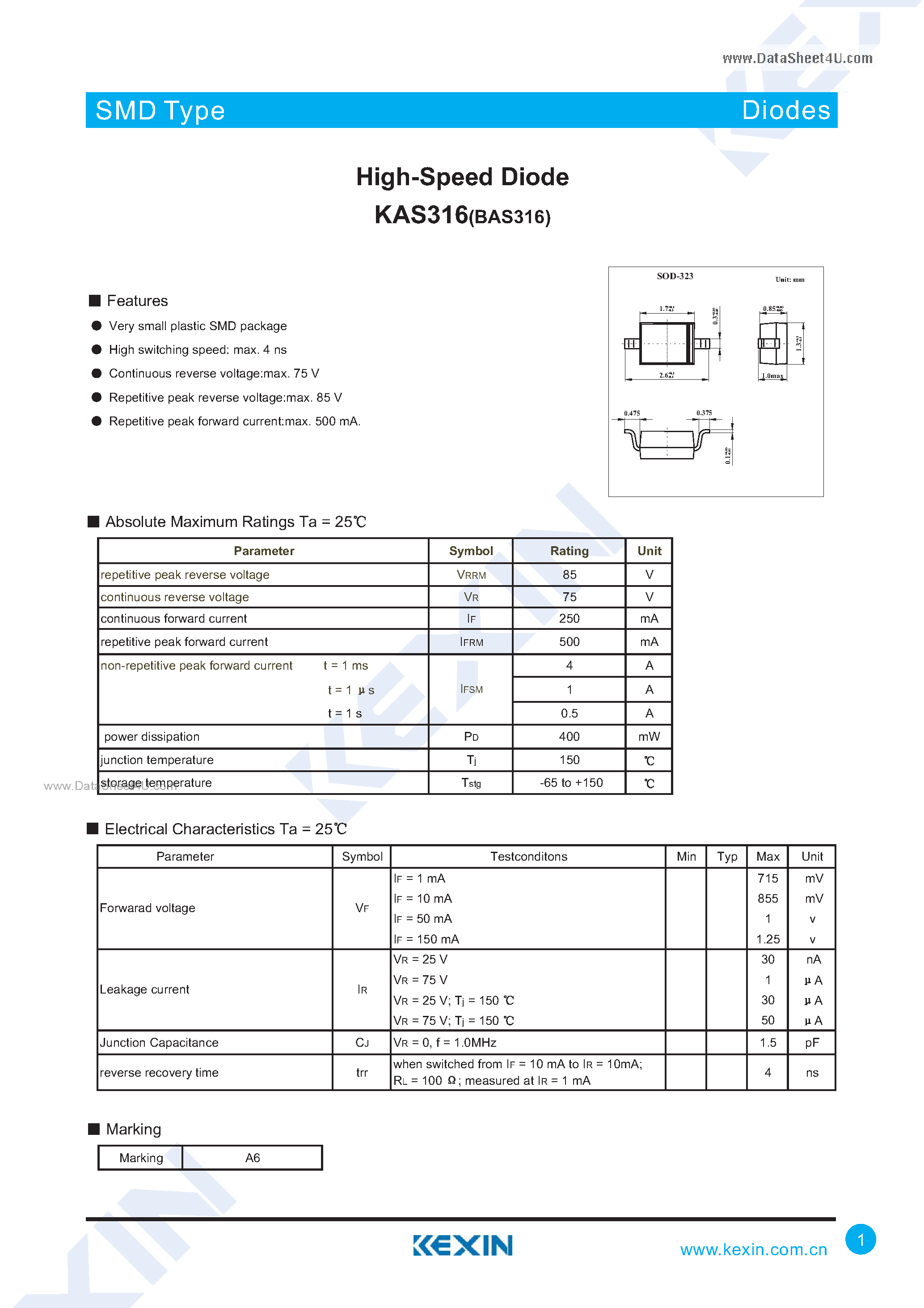 Datasheet KAS316 - Surface Mount Fast Switching Diode Array page 1