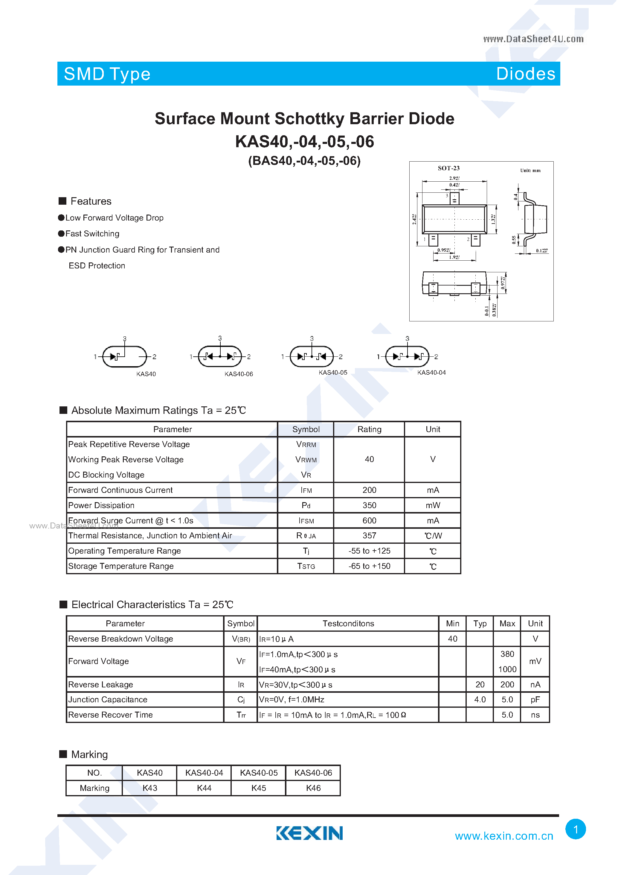 Datasheet KAS40 - Surface Mount Fast Switching Diode Array page 1