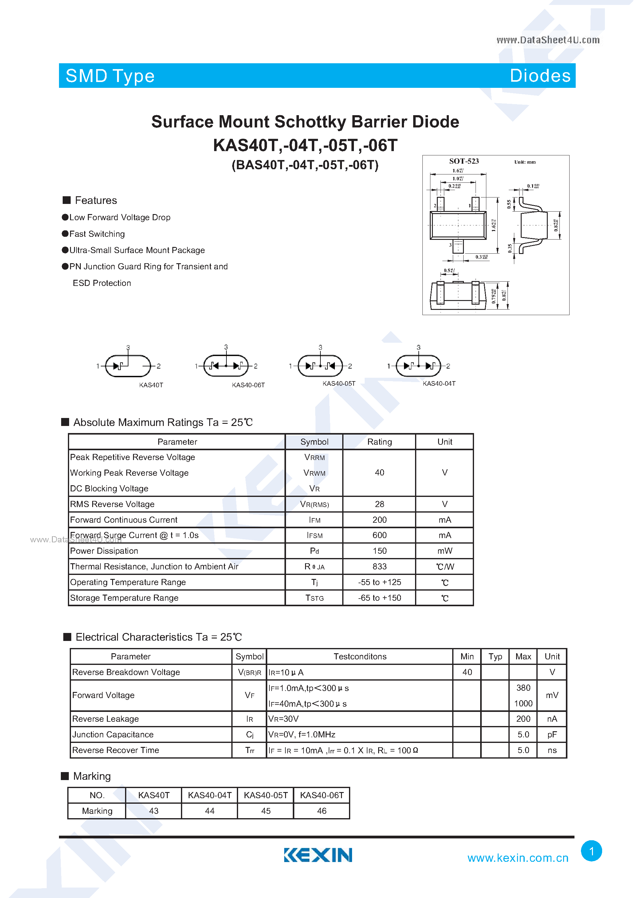 Datasheet KAS40-04T page 1 Datasheet KAS40-04T - Surface Mount Fast Switching Diode Array page 1