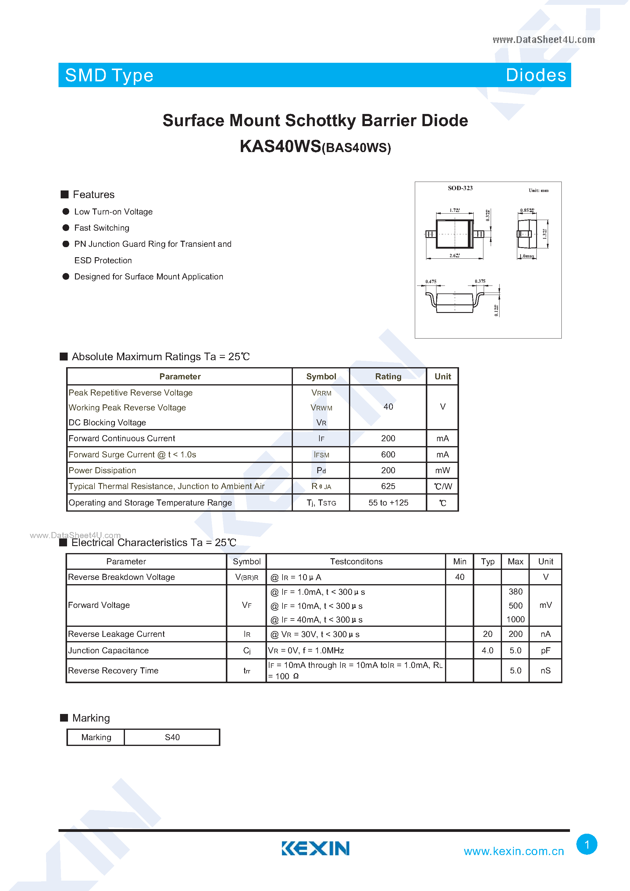 Datasheet KAS40WS - Surface Mount Fast Switching Diode Array page 1