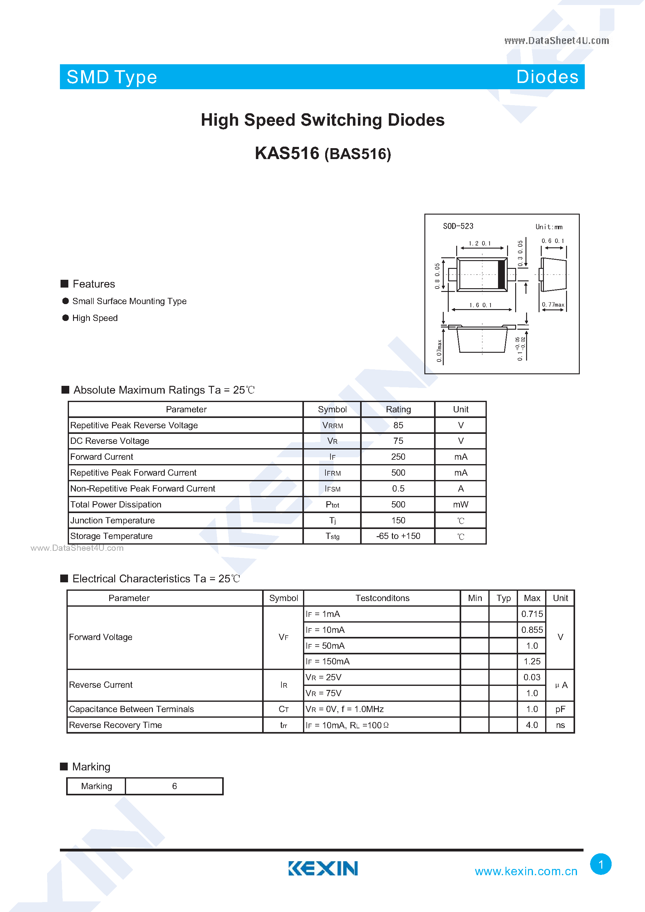 Datasheet KAS516 - Surface Mount Fast Switching Diode Array page 1