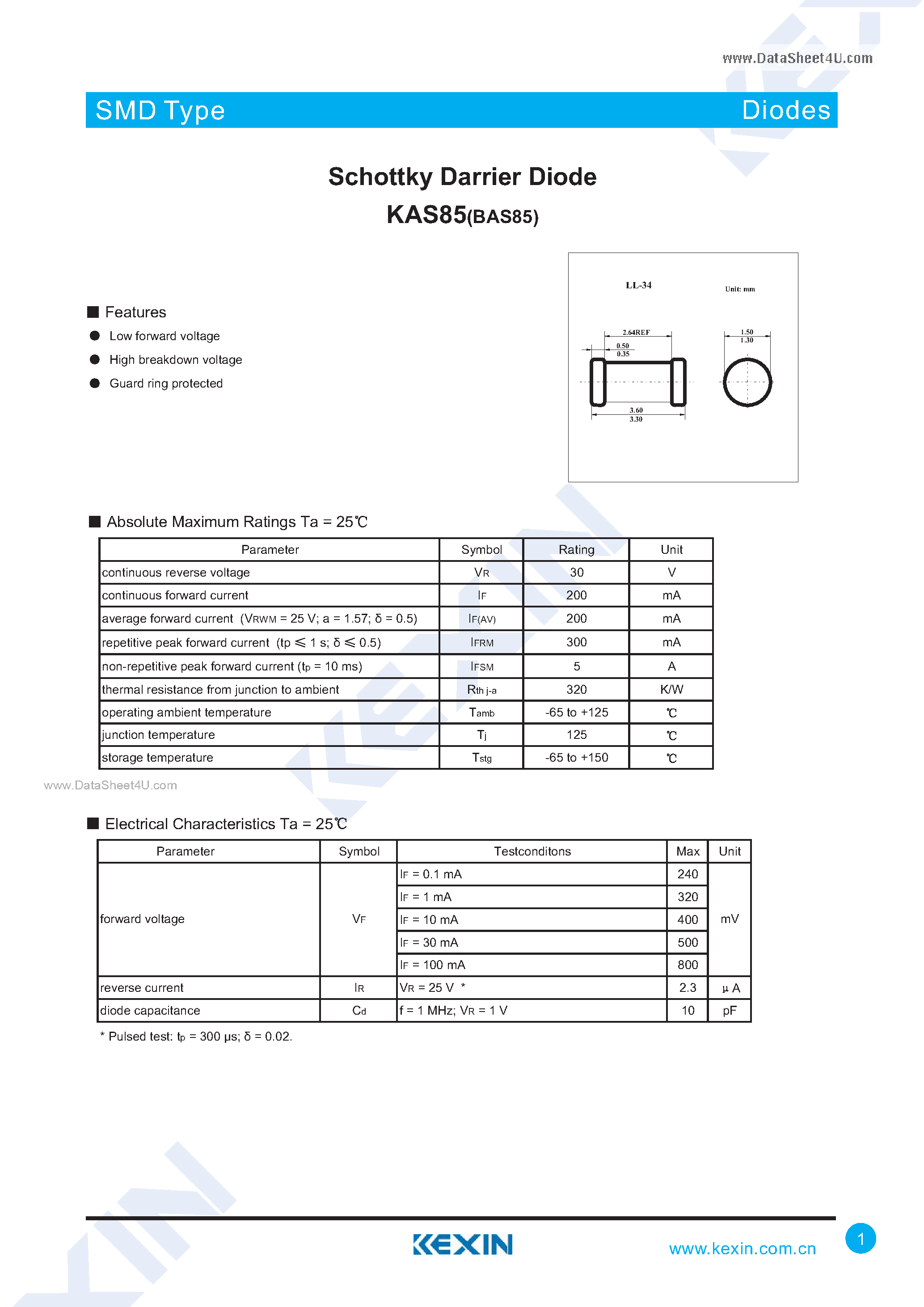 Datasheet KAS85 - Surface Mount Fast Switching Diode Array page 1