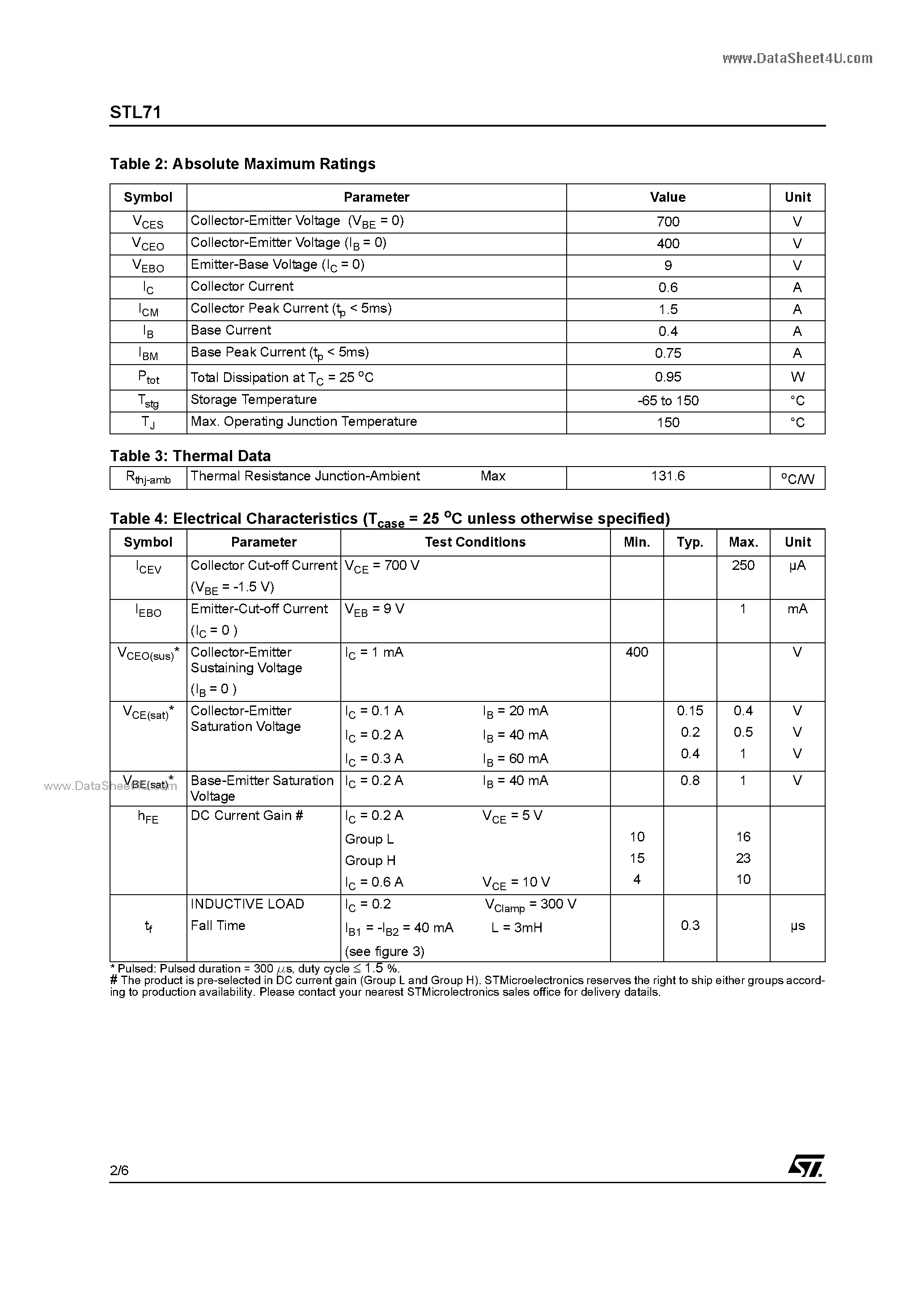 Datasheet STL71 page 2 Datasheet STL71 - MEDIUM VOLTAGE FAST-SWITCHING NPN POWER TRANSISTOR page 2