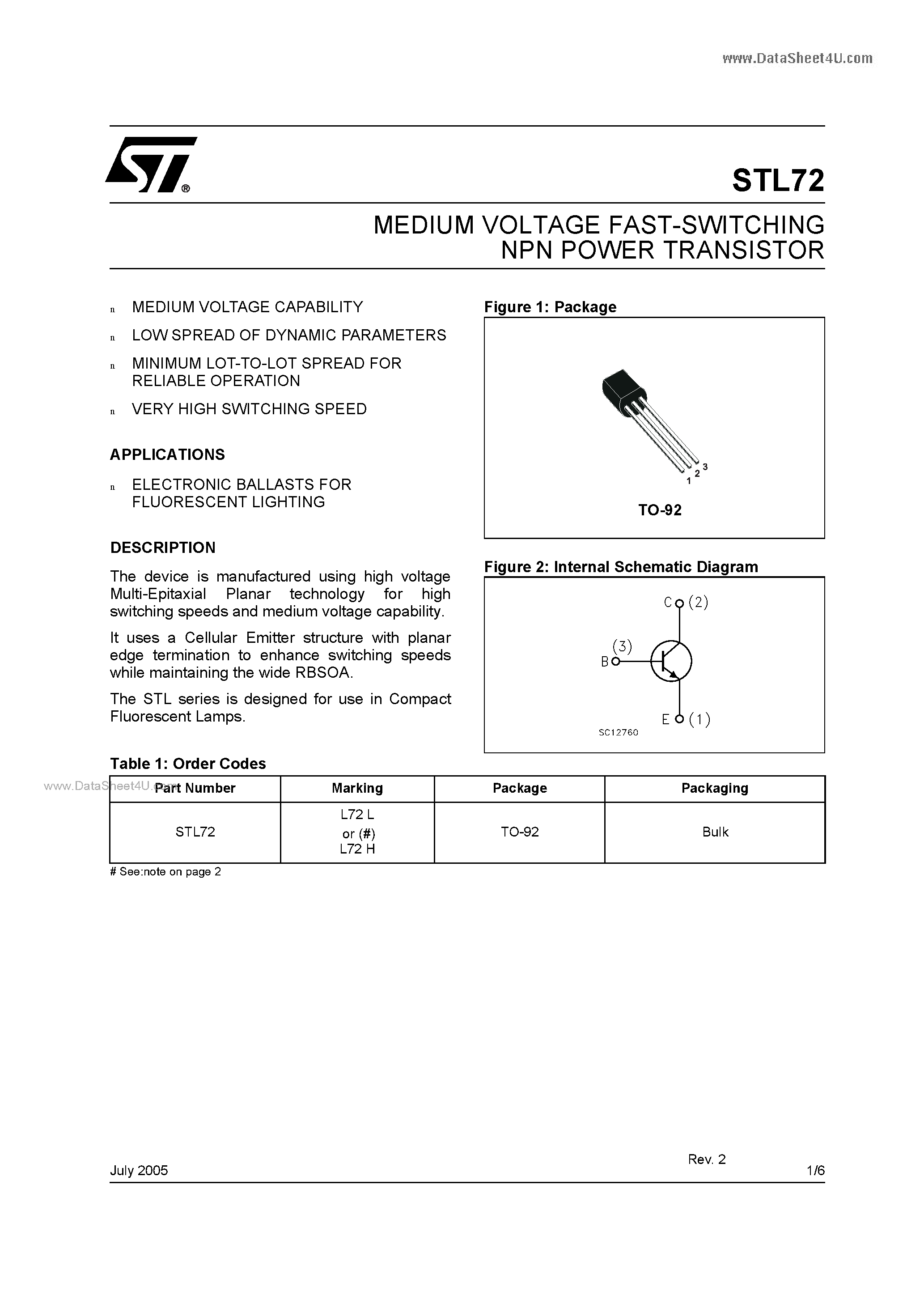 Datasheet STL72 page 1 Datasheet STL72 - MEDIUM VOLTAGE FAST-SWITCHING NPN POWER TRANSISTOR page 1