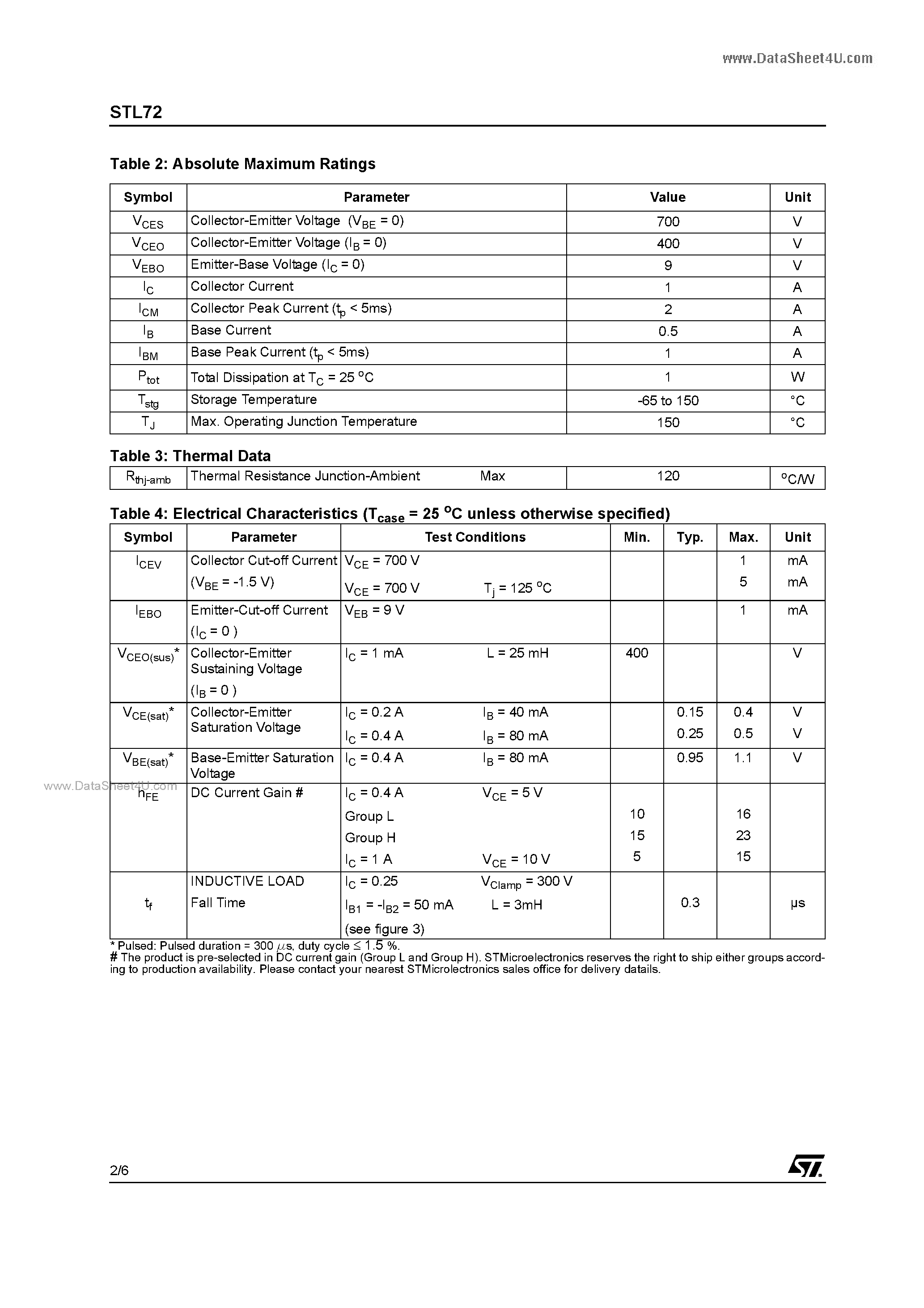 Datasheet STL72 page 2 Datasheet STL72 - MEDIUM VOLTAGE FAST-SWITCHING NPN POWER TRANSISTOR page 2