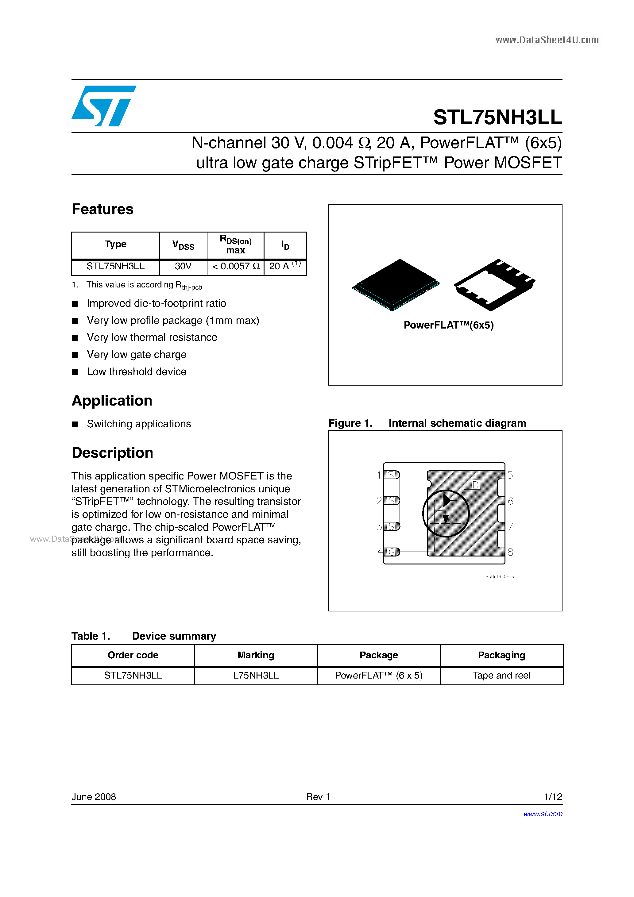 Datasheet STL75NH3LL - N-channel Power MOSFET page 1