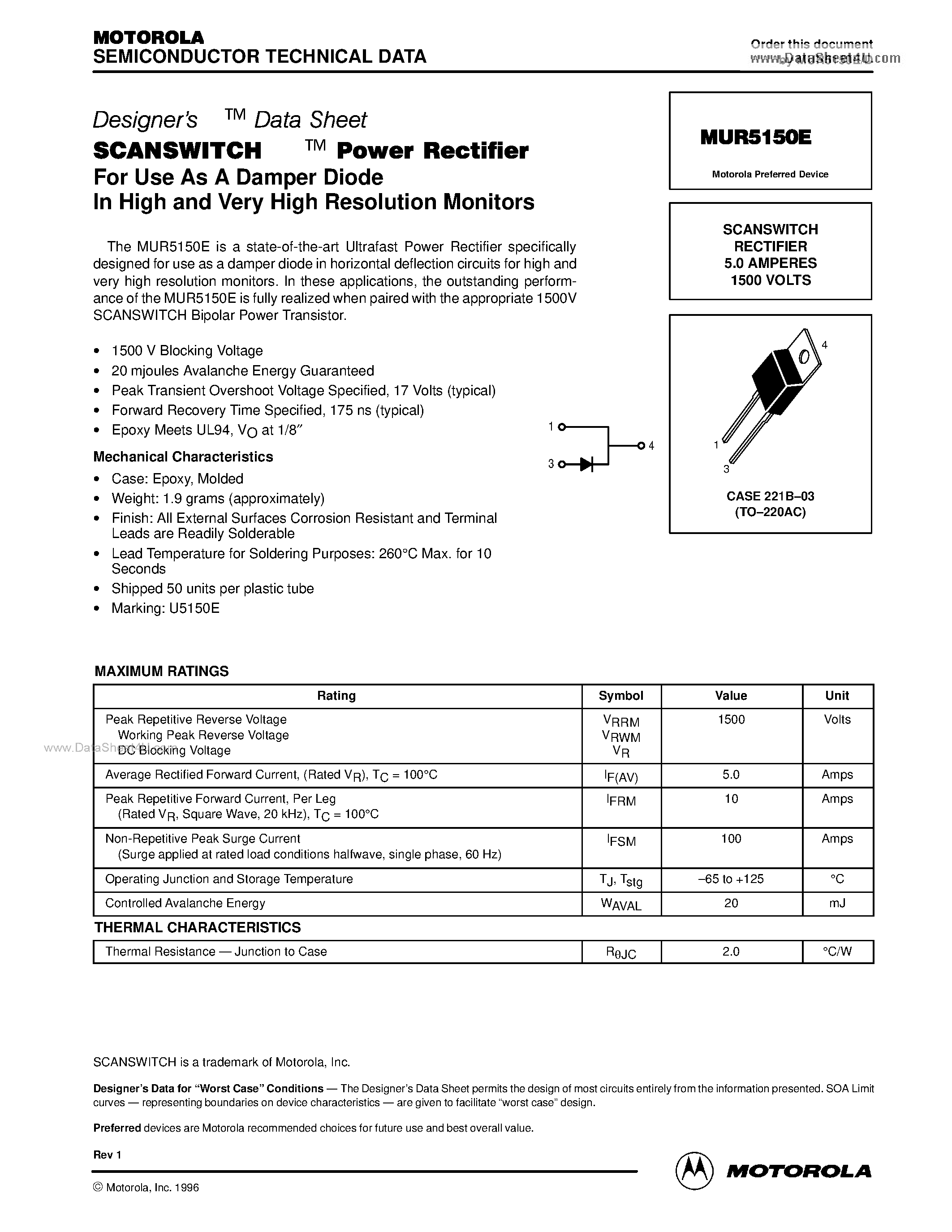 Даташит MUR5150E - SCANSWITCH RECTIFIER 5.0 AMPERES 1500 VOLTS страница 1