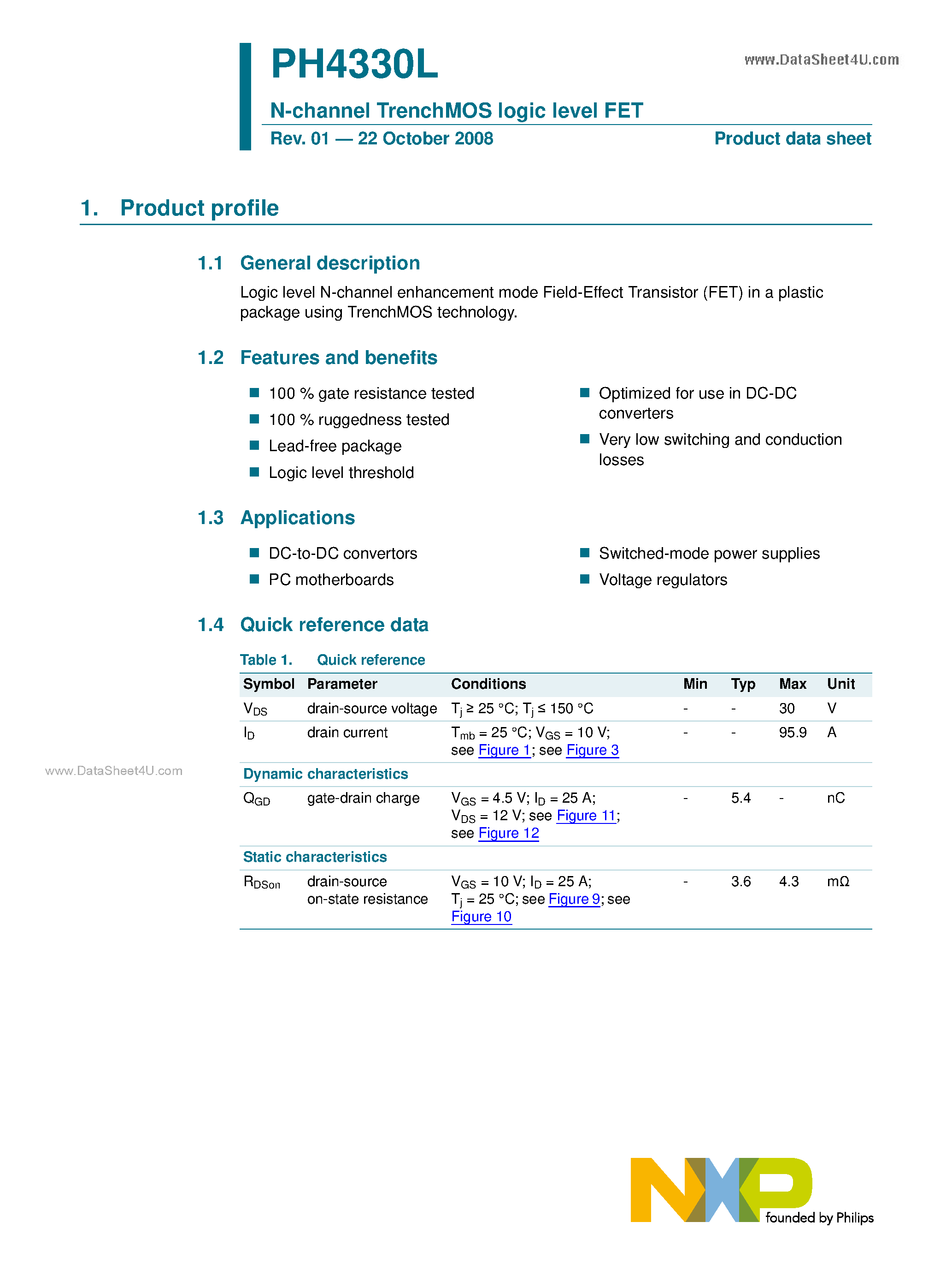 Datasheet PH4330L - N-channel TrenchMOS logic level FET page 1