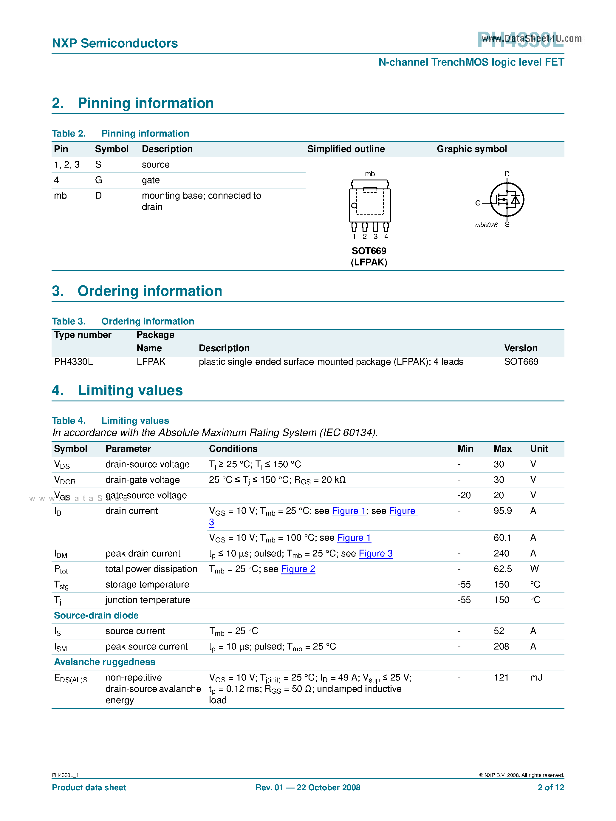 Datasheet PH4330L - N-channel TrenchMOS logic level FET page 2
