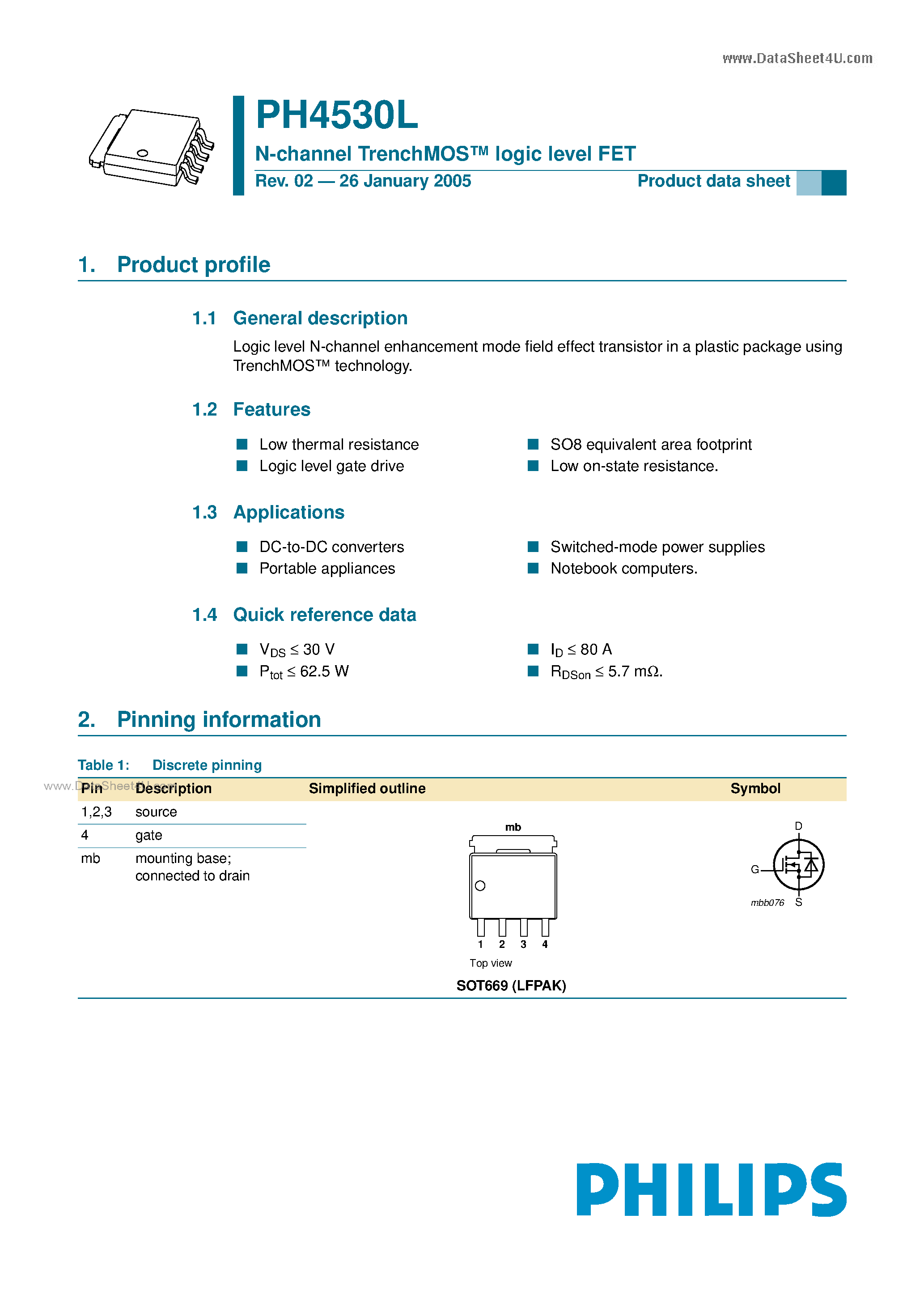 Datasheet PH4530L - N-channel TrenchMOS logic level FET page 1