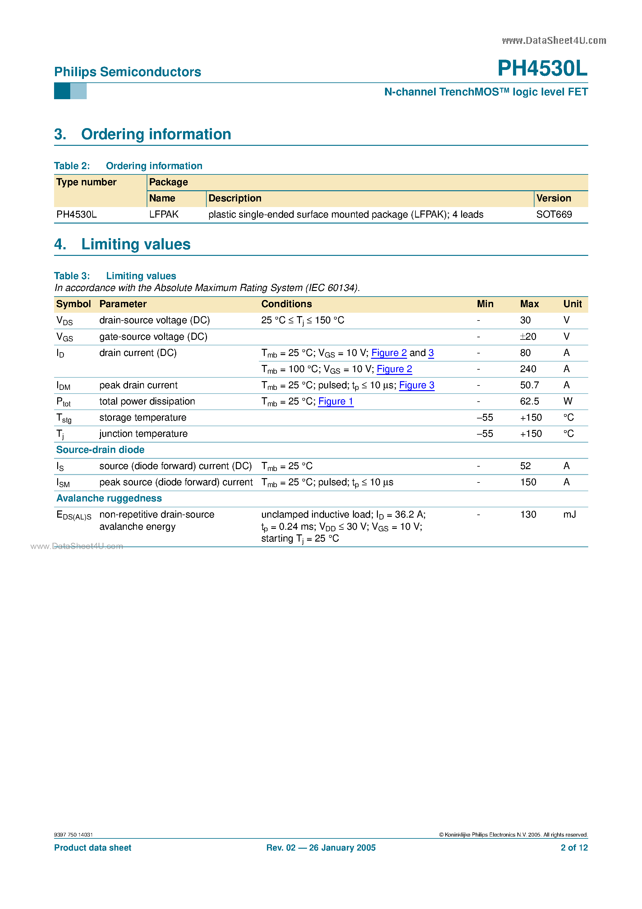 Datasheet PH4530L - N-channel TrenchMOS logic level FET page 2