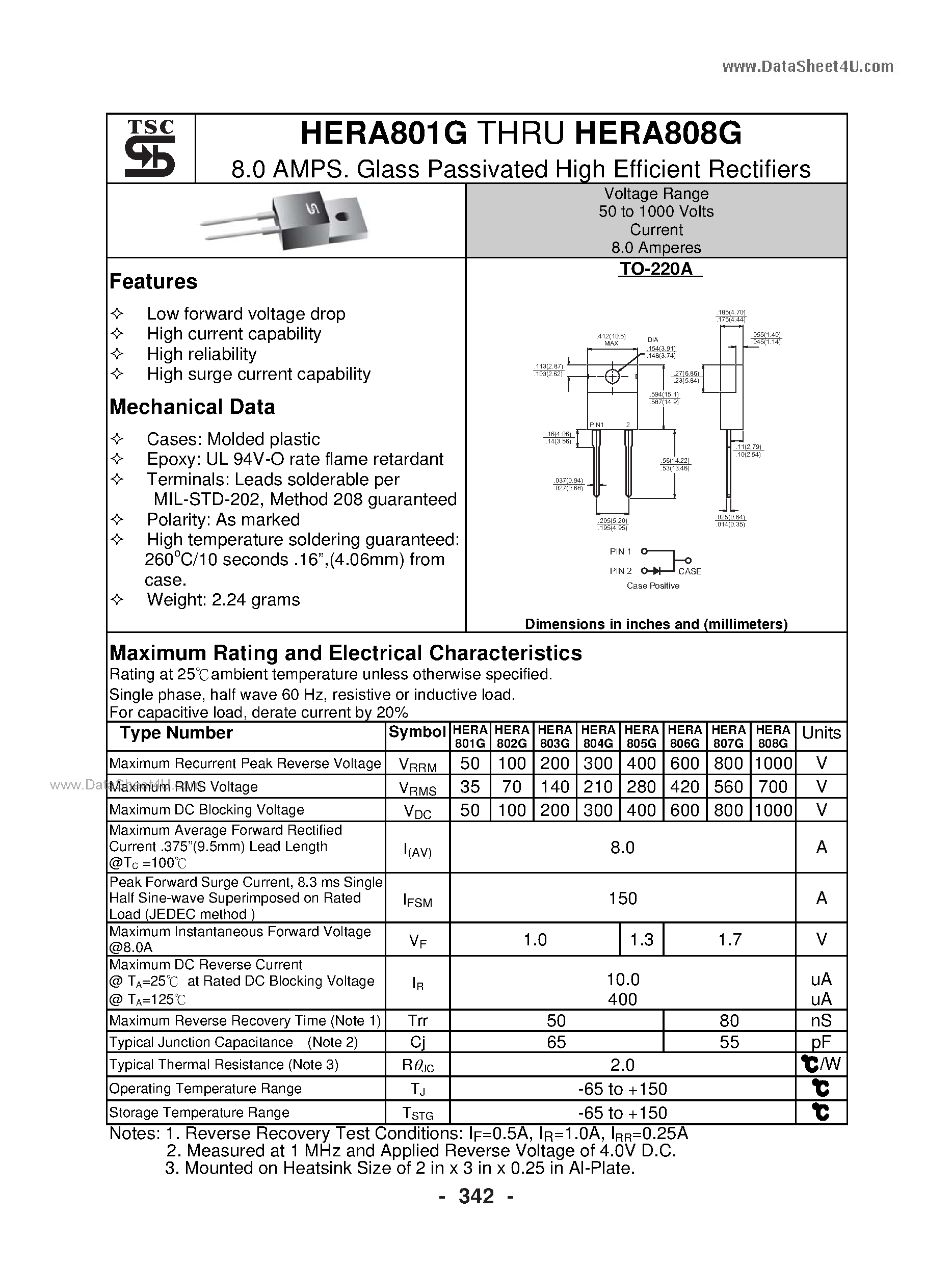 Datasheet HERA801G page 1 Datasheet HERA801G - (HERA801G - HERA808G) Glass Passivated High Efficient Rectifiers page 1