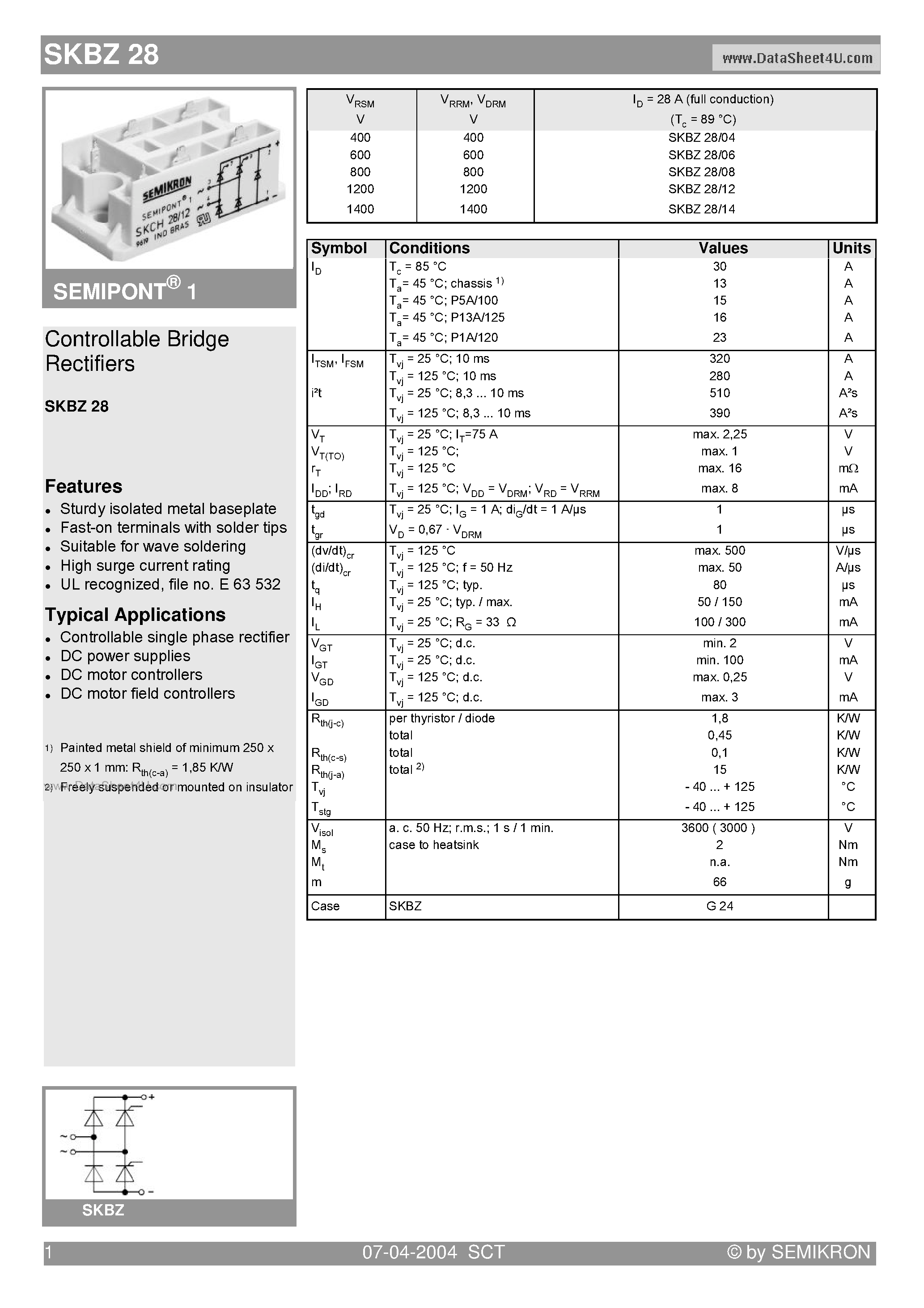 Datasheet SKBZ28 - Controllable Bridge Rectifiers page 1