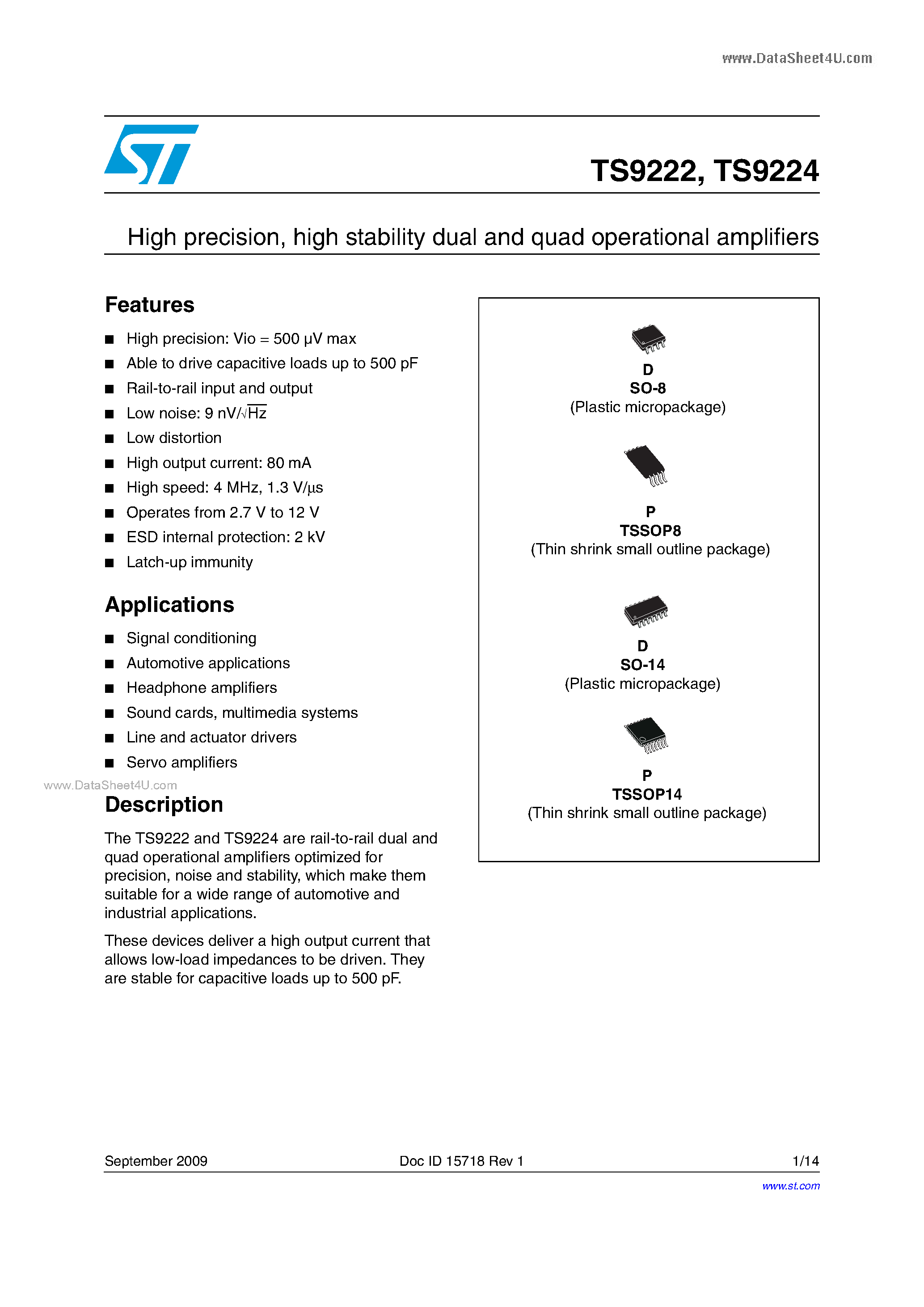 Datasheet TS9222 - (TS9222 / TS9224) high stability dual and quad operational amplifiers page 1
