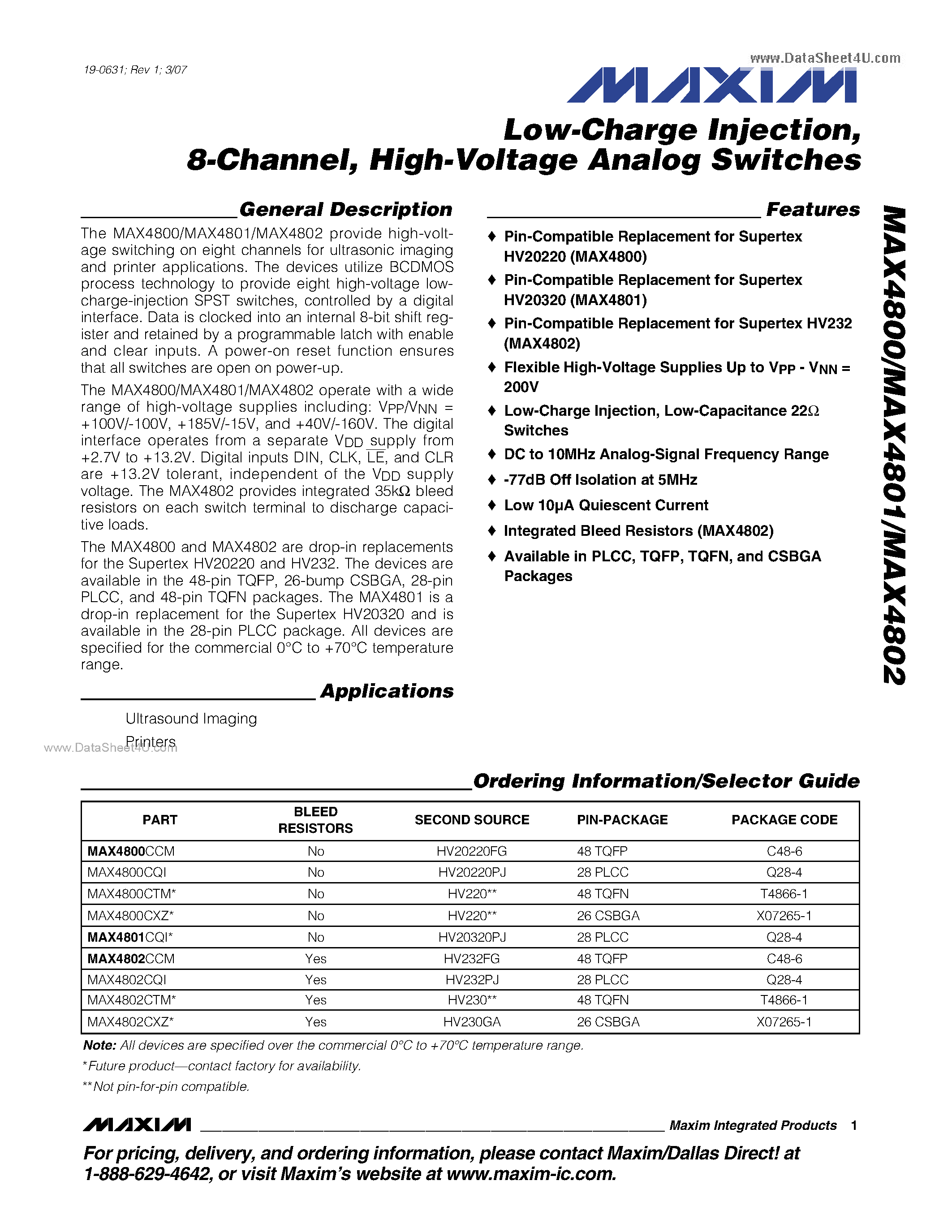 Даташит на микросхему MAX4800 страница 1 Даташит MAX4800 - (MAX4800 - MAX4802) High-Voltage Analog Switches страница 1