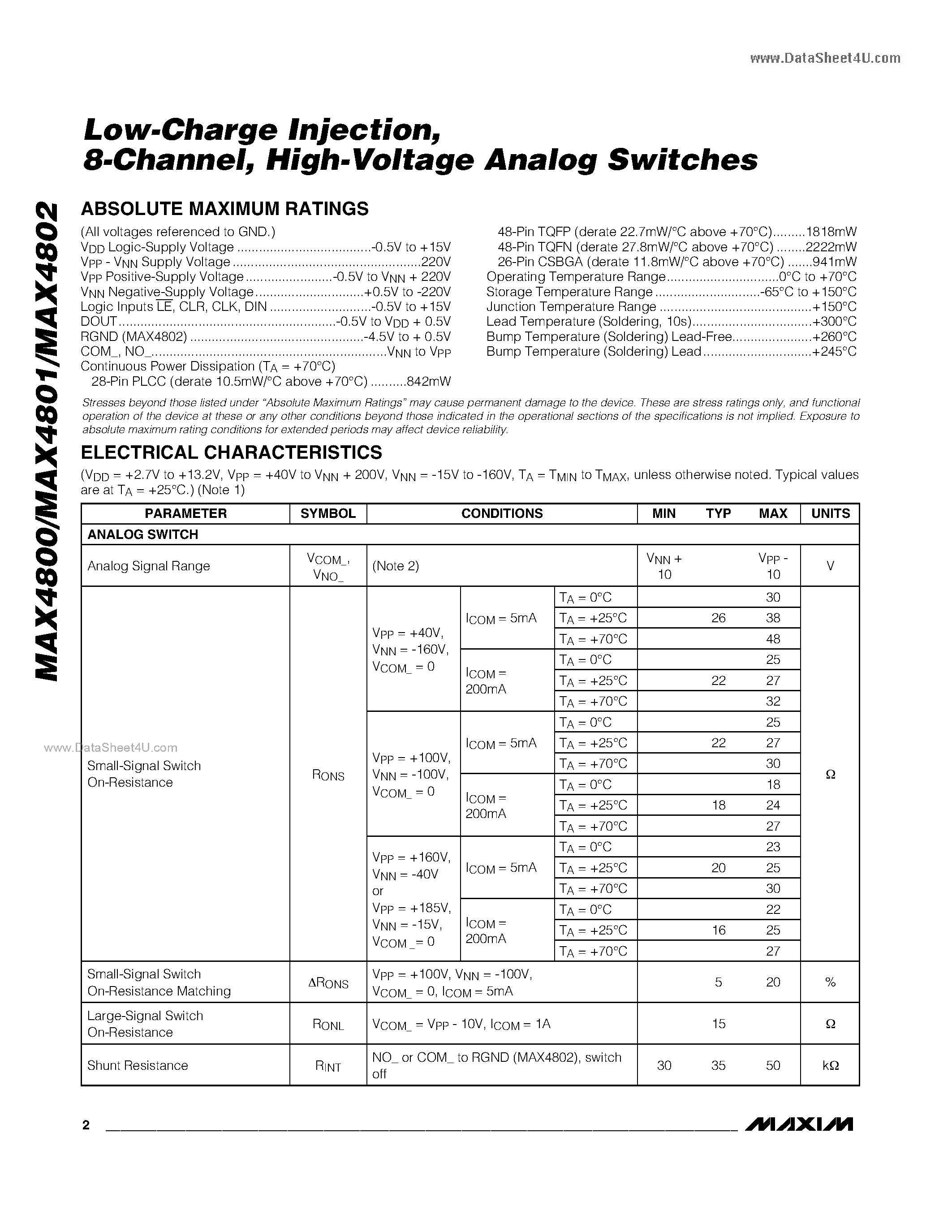 Даташит на микросхему MAX4800 страница 2 Даташит MAX4800 - (MAX4800 - MAX4802) High-Voltage Analog Switches страница 2