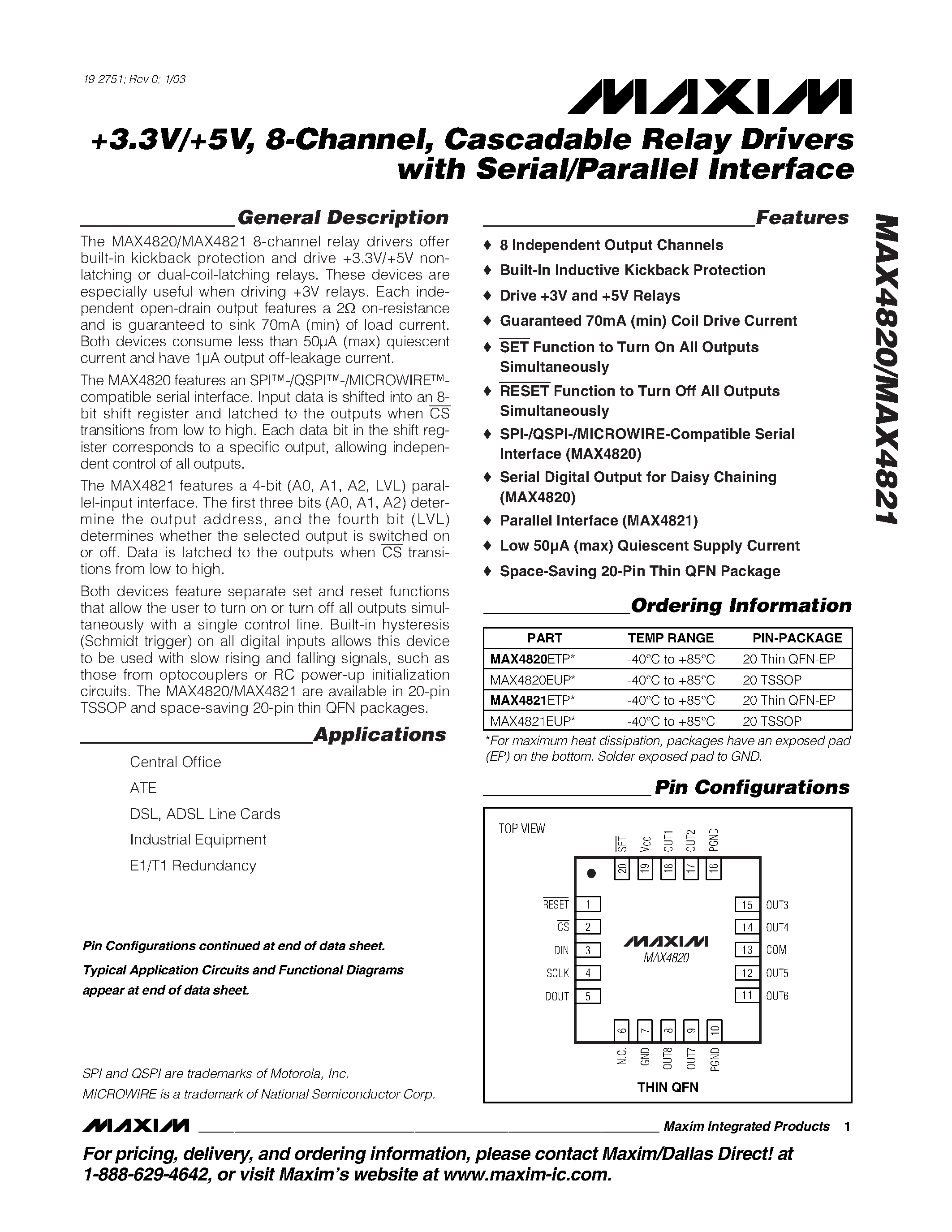 Datasheet MAX4820 - +3.3V/+5V / 8-Channel / Cascadable Relay Drivers with Serial/Parallel Interface page 1