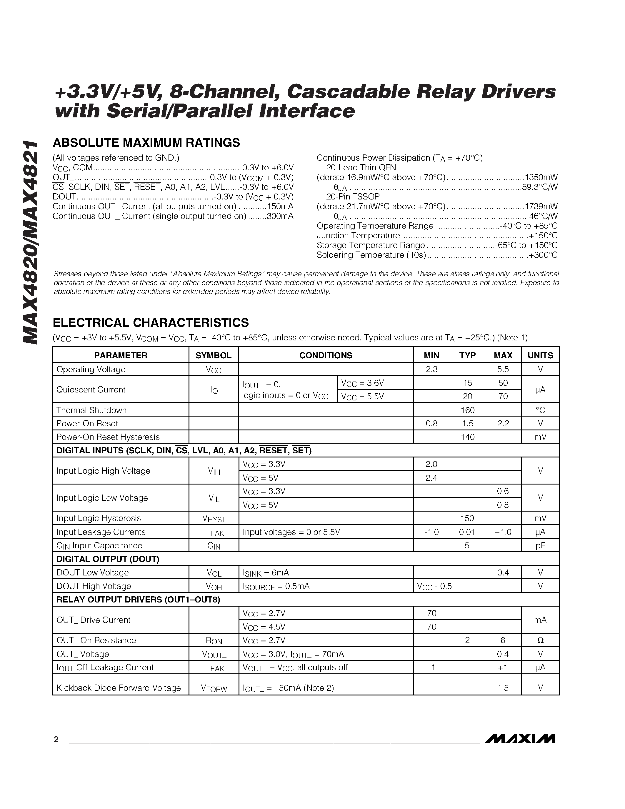 Datasheet MAX4820 - +3.3V/+5V / 8-Channel / Cascadable Relay Drivers with Serial/Parallel Interface page 2
