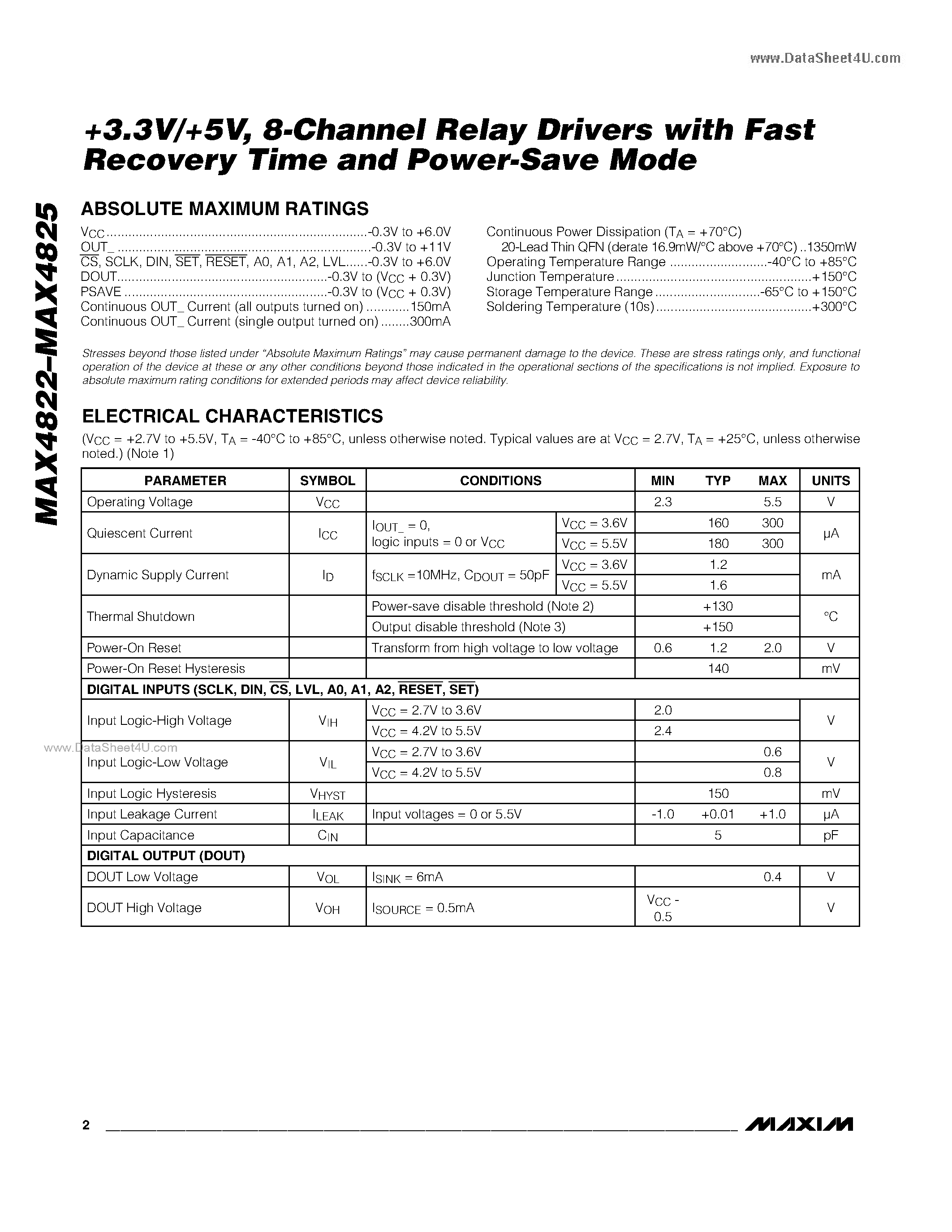 Даташит MAX4822 - (MAX4822 - MAX4825) 8-Channel Relay Drivers страница 2