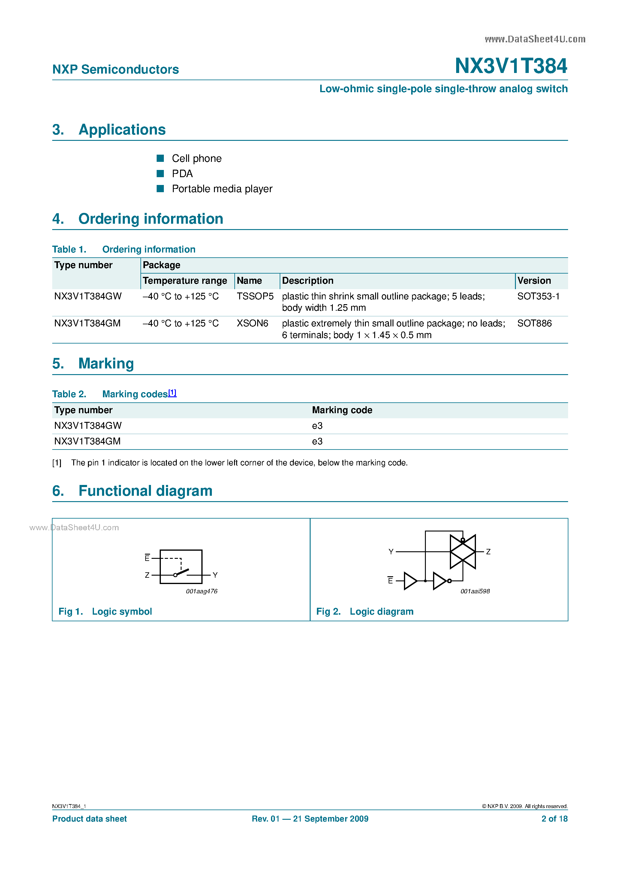 Datasheet NX3V1T384 - Low-ohmic Single-pole Single-throw Analog Switch page 2