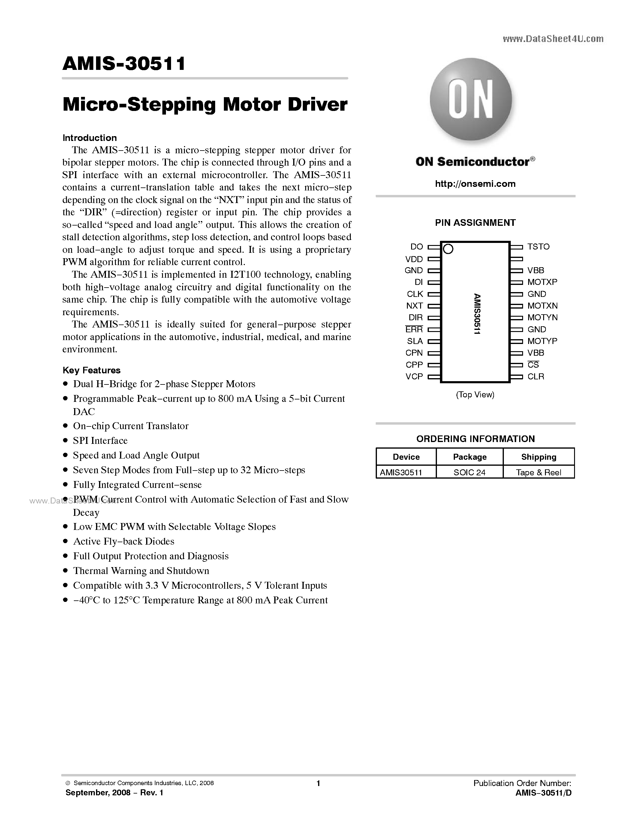 Даташит AMIS-30511 - Micro-Stepping Motor Driver страница 1