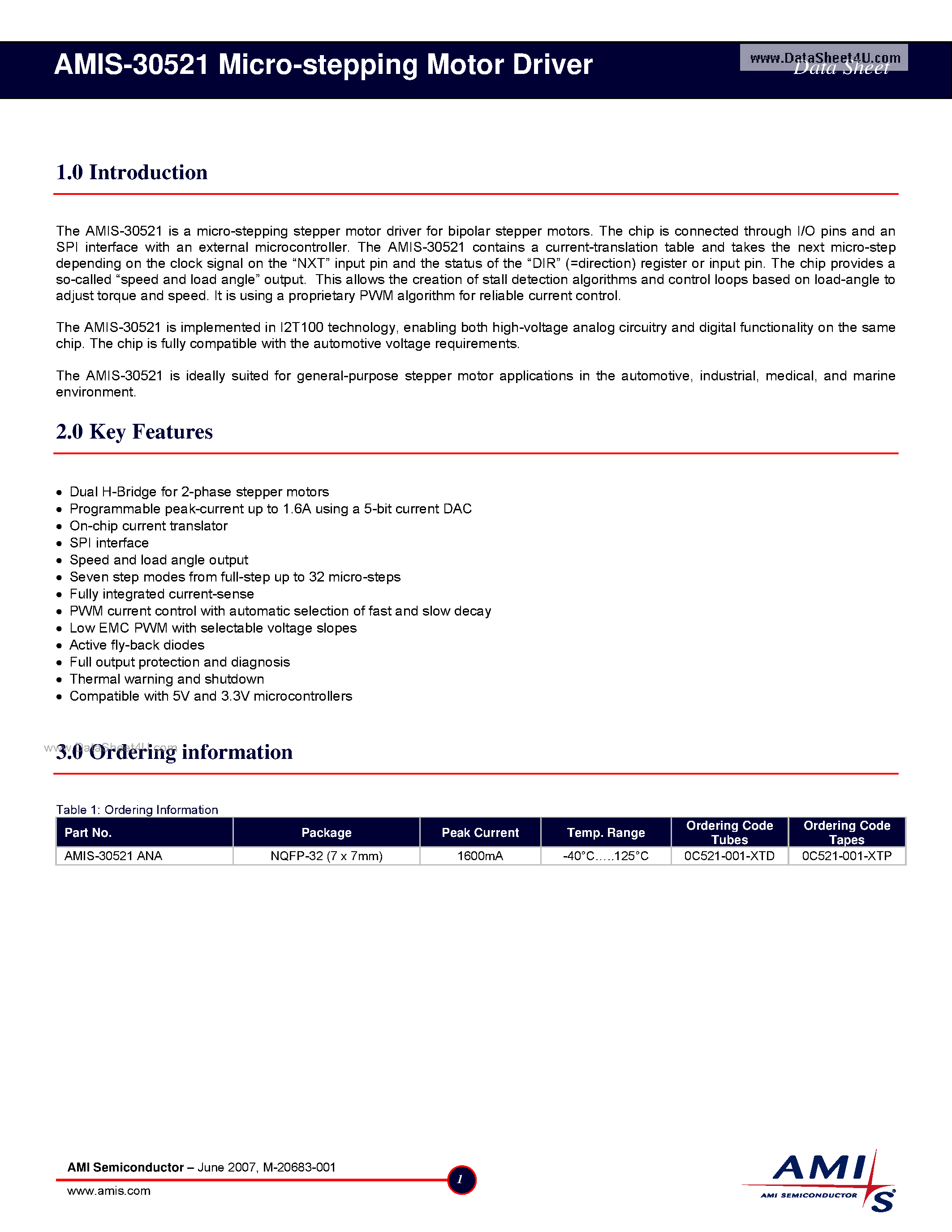 Даташит AMIS-30521 - Micro-stepping Motor Driver страница 1