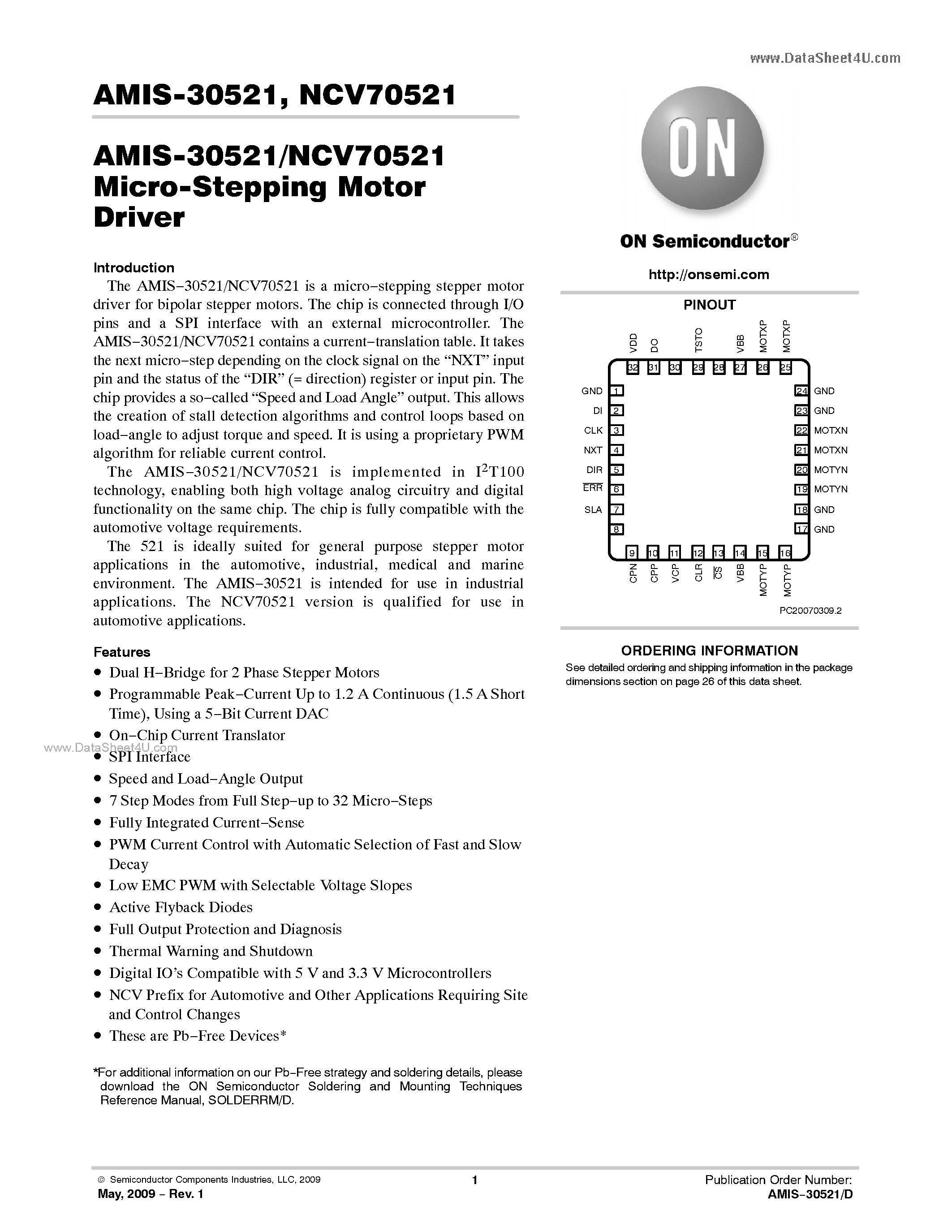 Даташит AMIS-30521 - Micro-Stepping Motor Driver страница 1