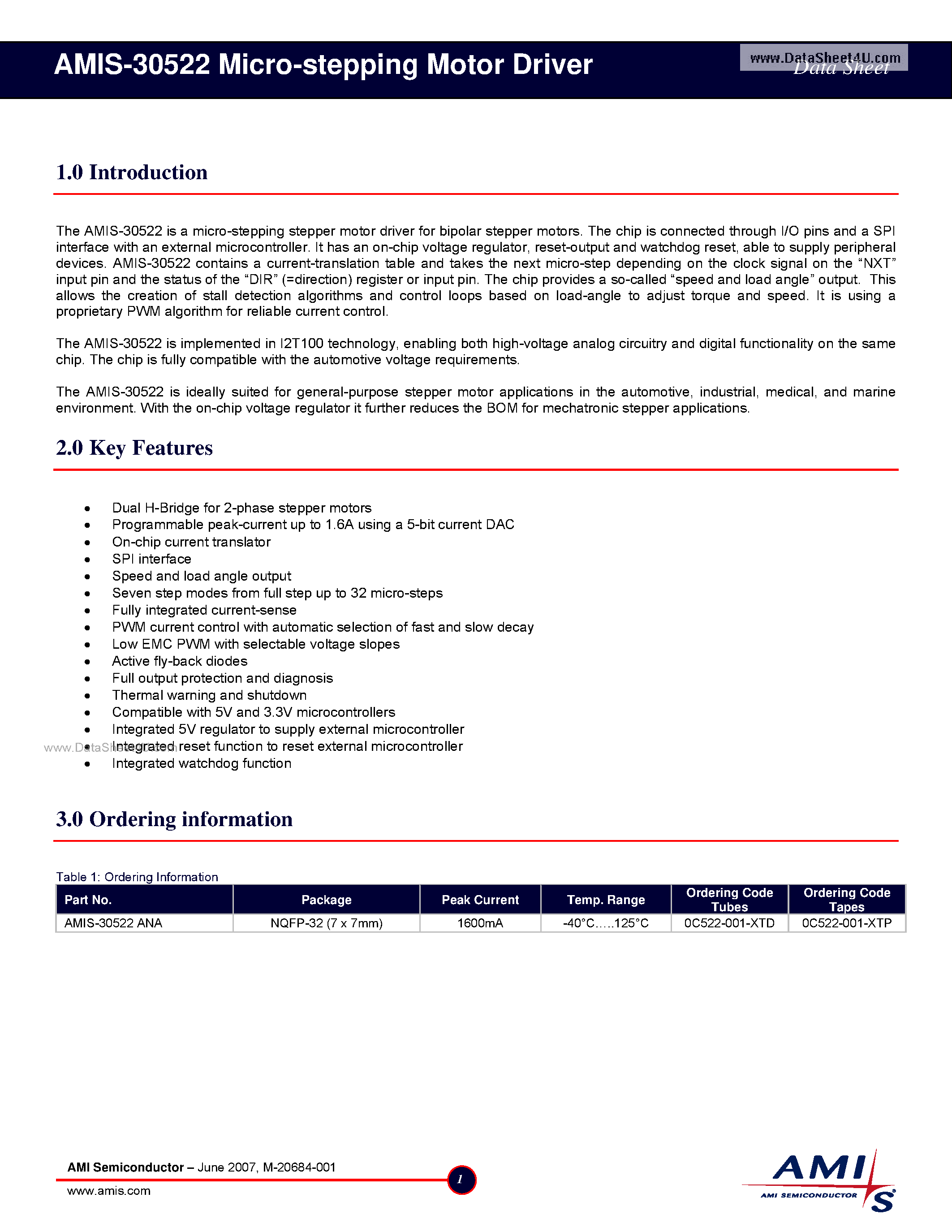 Даташит AMIS-30522 - Micro-stepping Motor Driver страница 1