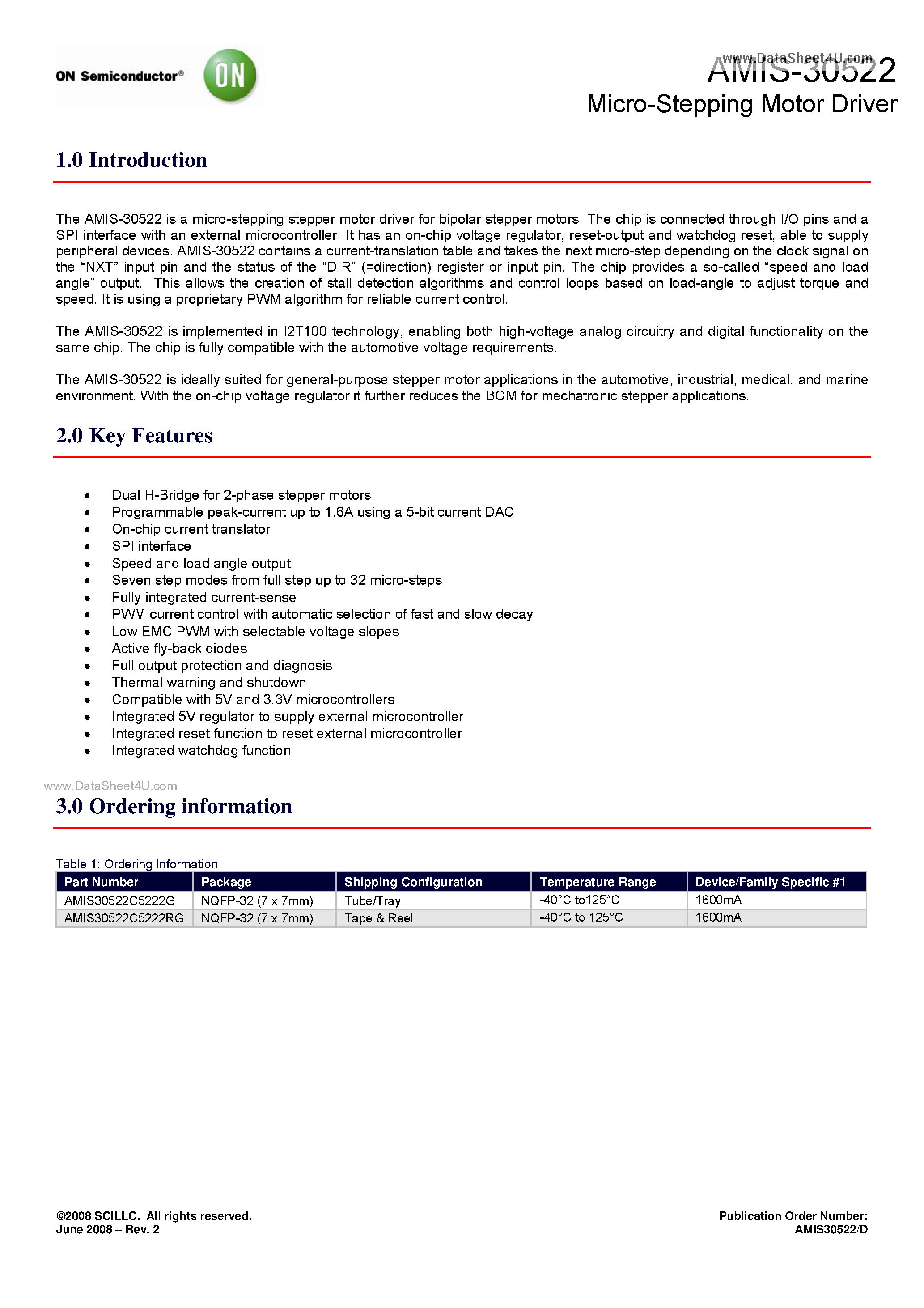 Даташит AMIS-30522 - Micro-Stepping Motor Driver страница 1