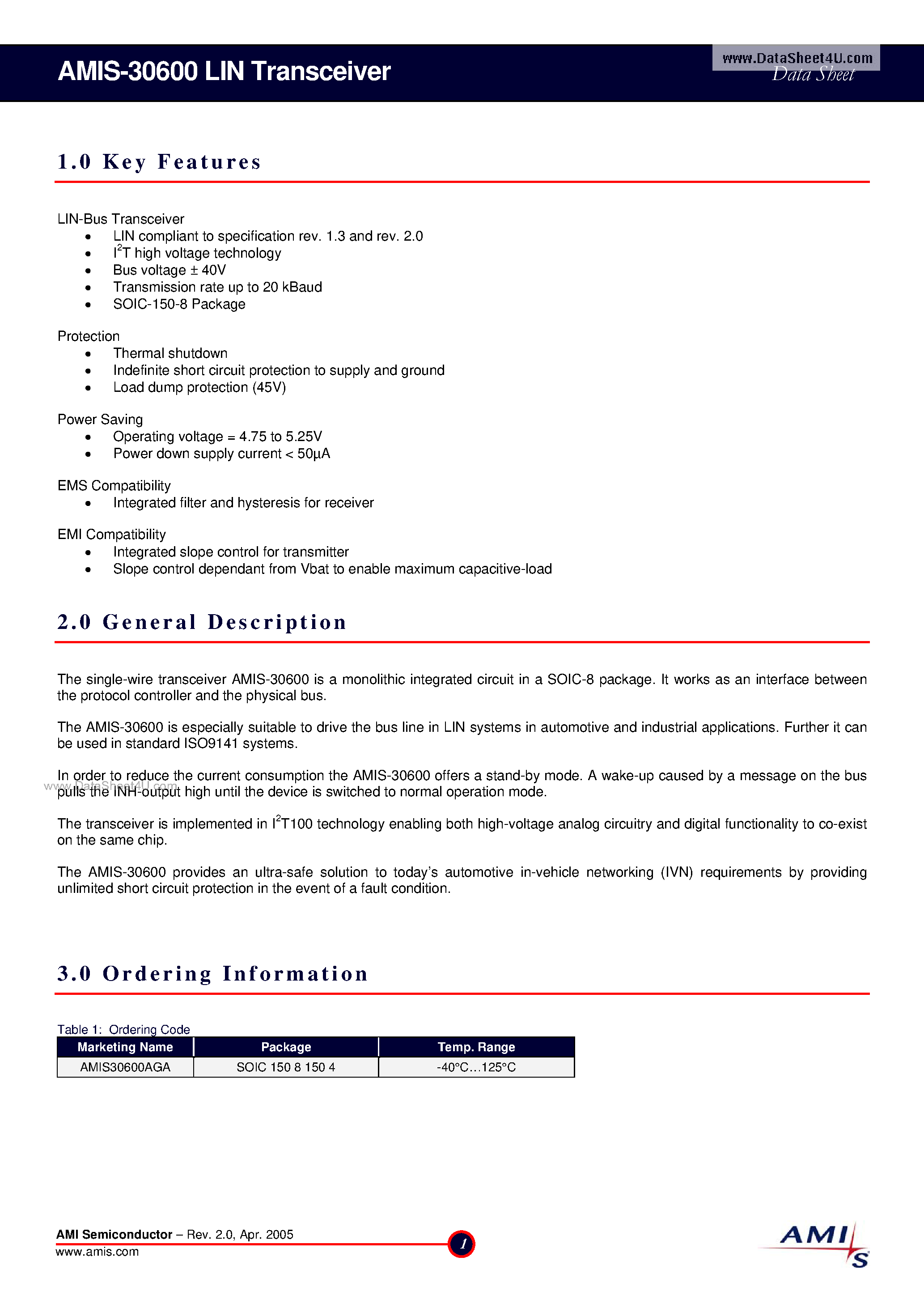 Datasheet AMIS-30585 page 1 Datasheet AMIS-30585 - S-FSK PLC Modem page 1