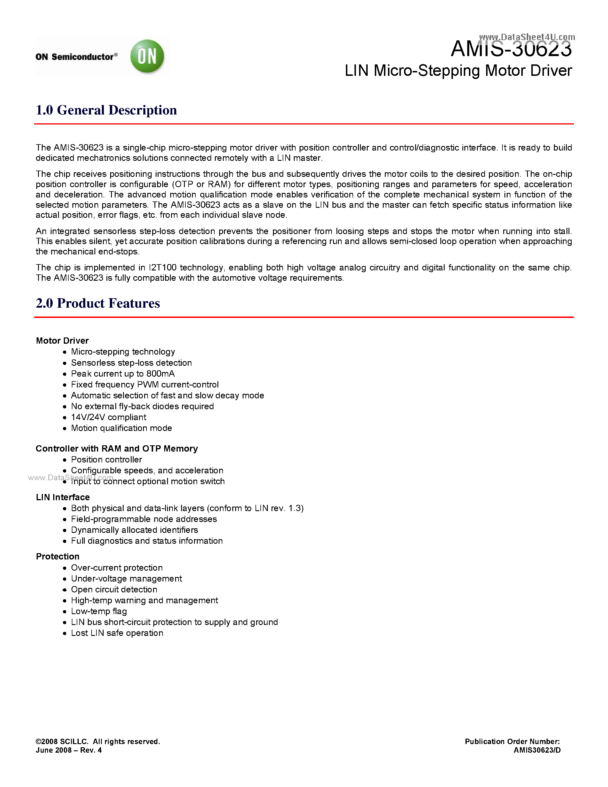 Даташит AMIS-30623 - LIN Micro-Stepping Motor Driver страница 1