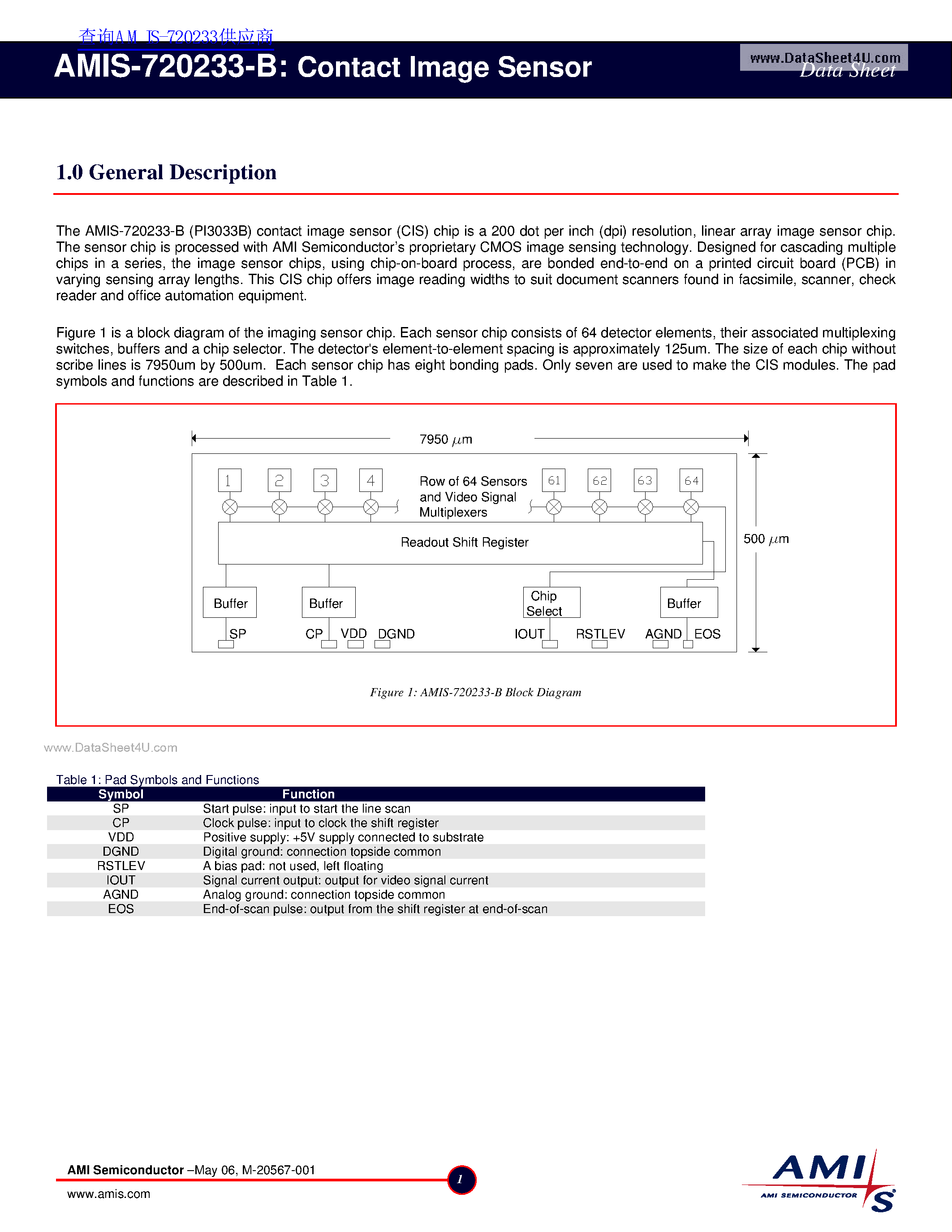 Datasheet AMIS-720233-B page 1 Datasheet AMIS-720233-B - Image Sensor page 1