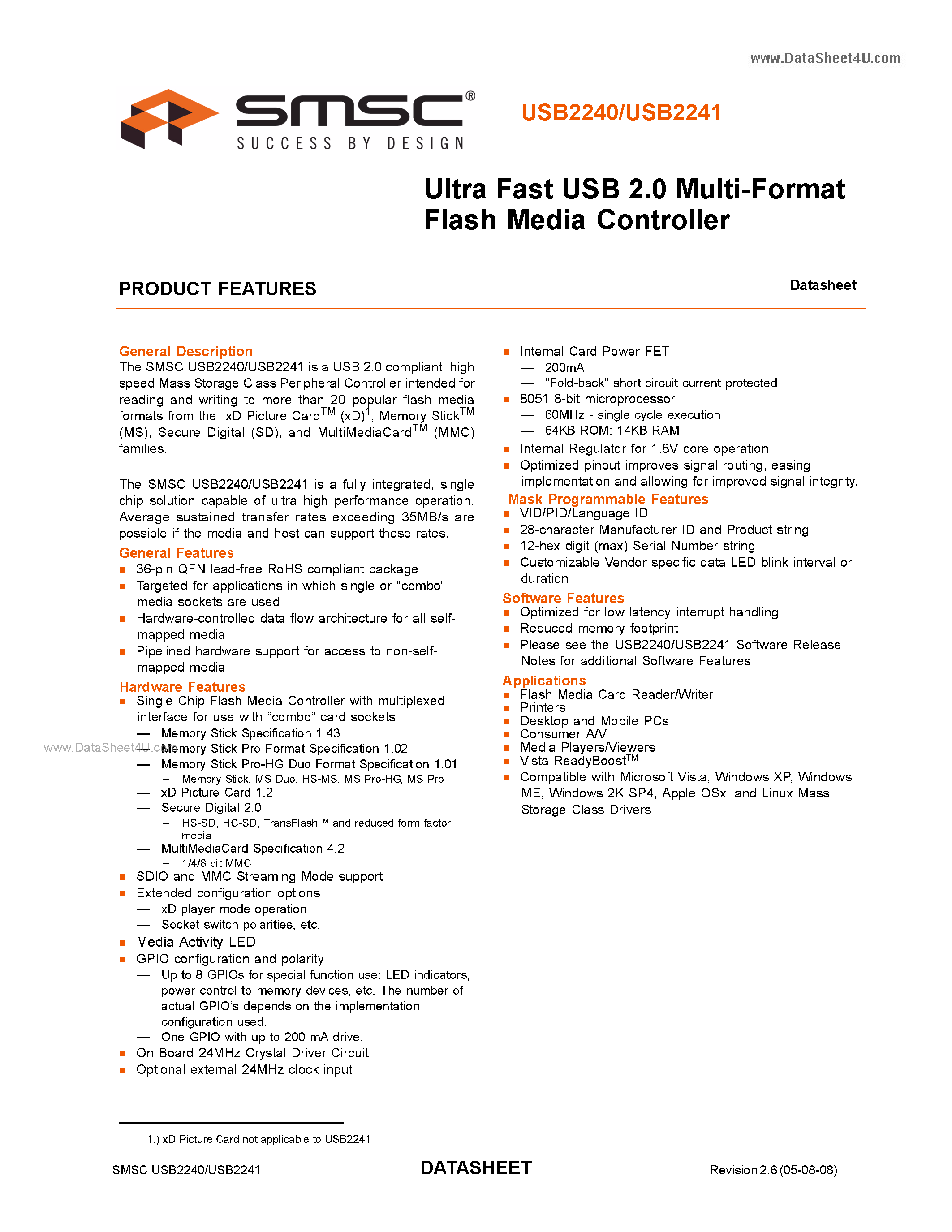 Datasheet USB2240 page 1 Datasheet USB2240 - (USB2240 / USB2241) Ultra Fast USB 2.0 Multi-Format Flash Media Controller page 1