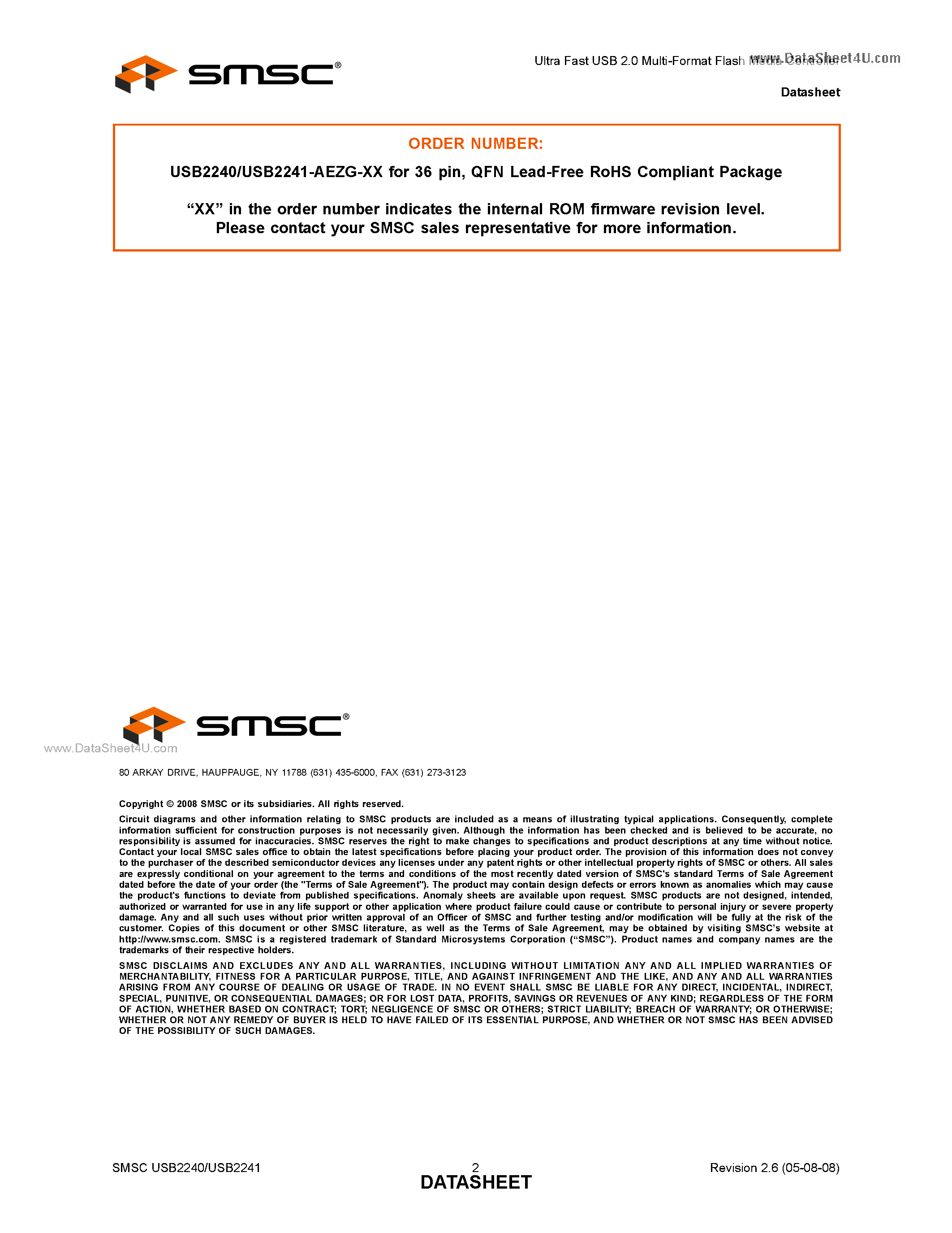 Datasheet USB2240 page 2 Datasheet USB2240 - (USB2240 / USB2241) Ultra Fast USB 2.0 Multi-Format Flash Media Controller page 2