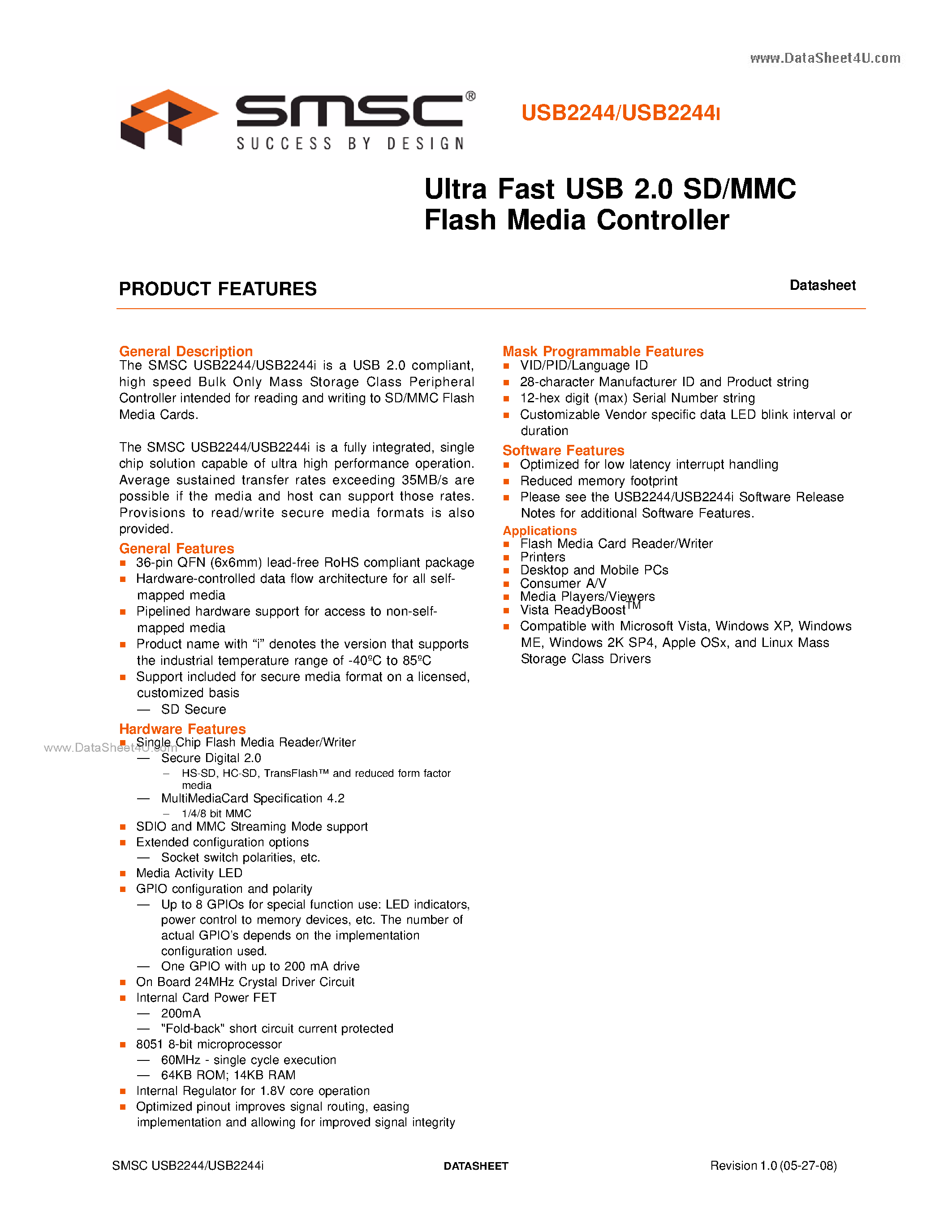 Datasheet USB2244 - Ultra Fast USB 2.0 SD/MMC Flash Media Controller page 1