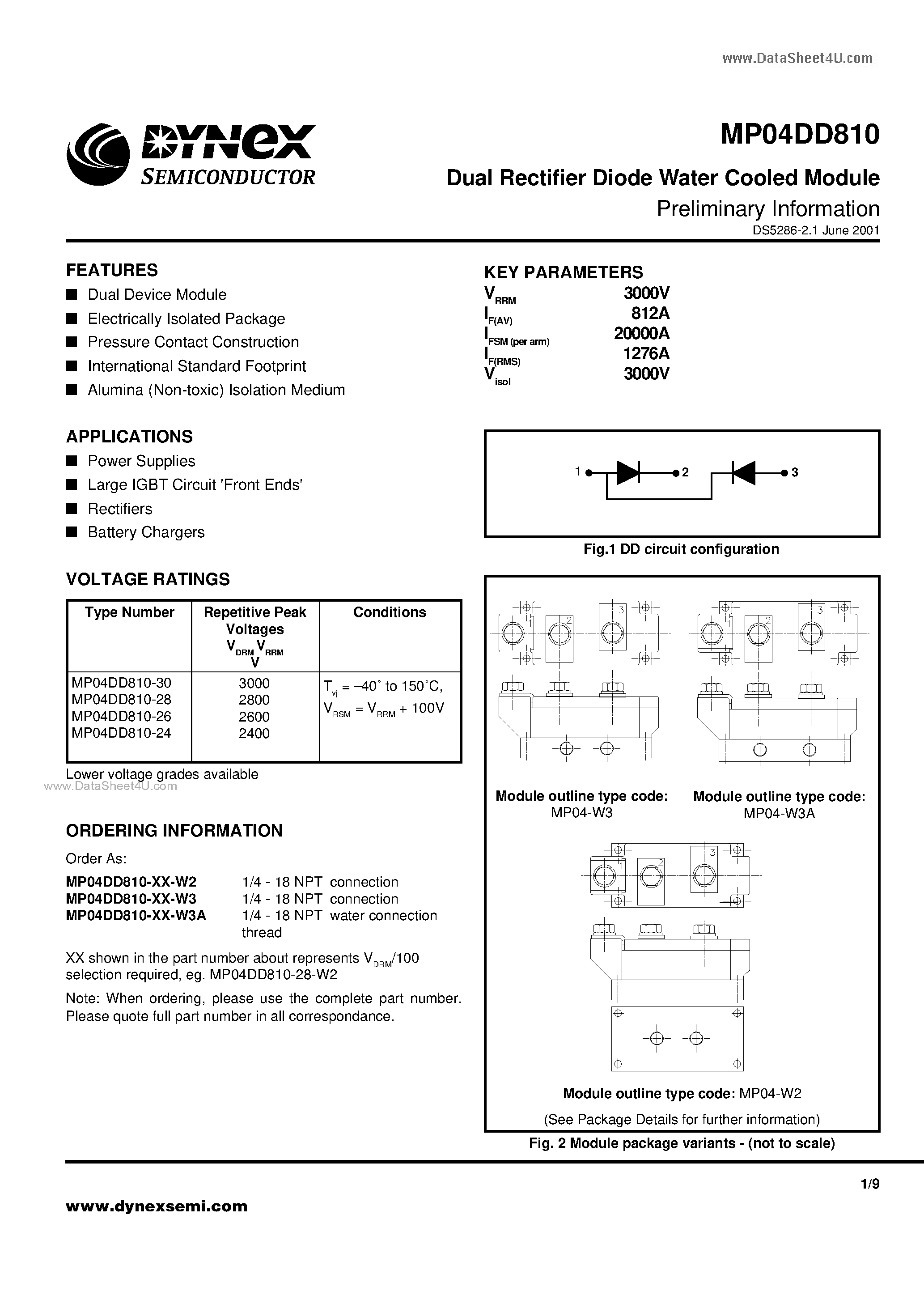 Даташит MP04DD810 - Dual Rectifier Diode Water Cooled Module Preliminary Information страница 1