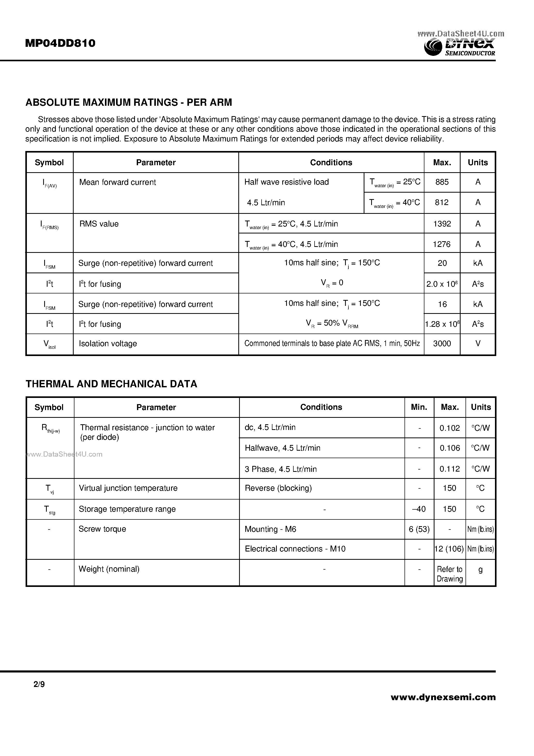 Даташит MP04DD810 - Dual Rectifier Diode Water Cooled Module Preliminary Information страница 2