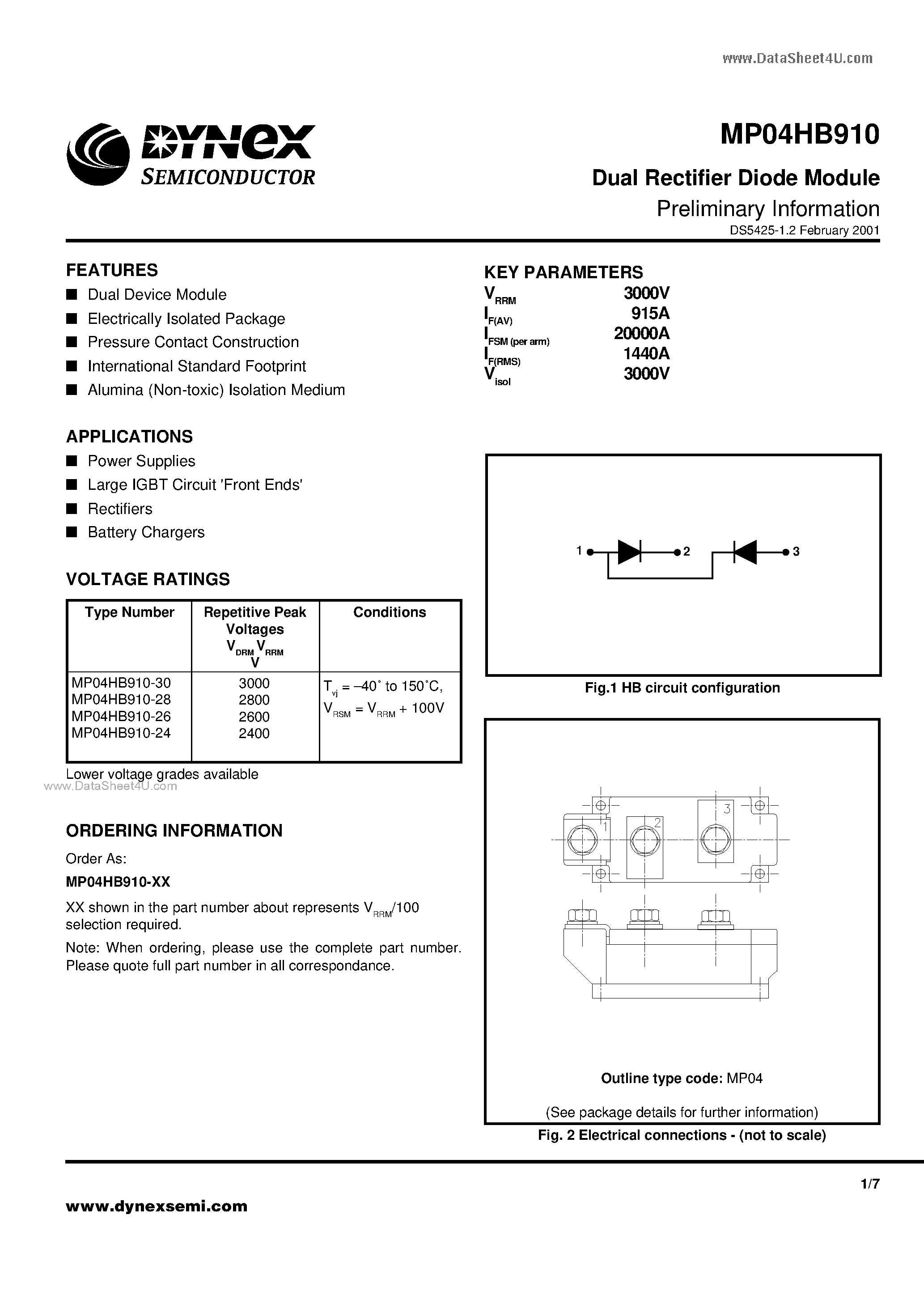 Даташит MP04HB910 - Dual Rectifier Diode Module Preliminary Information страница 1