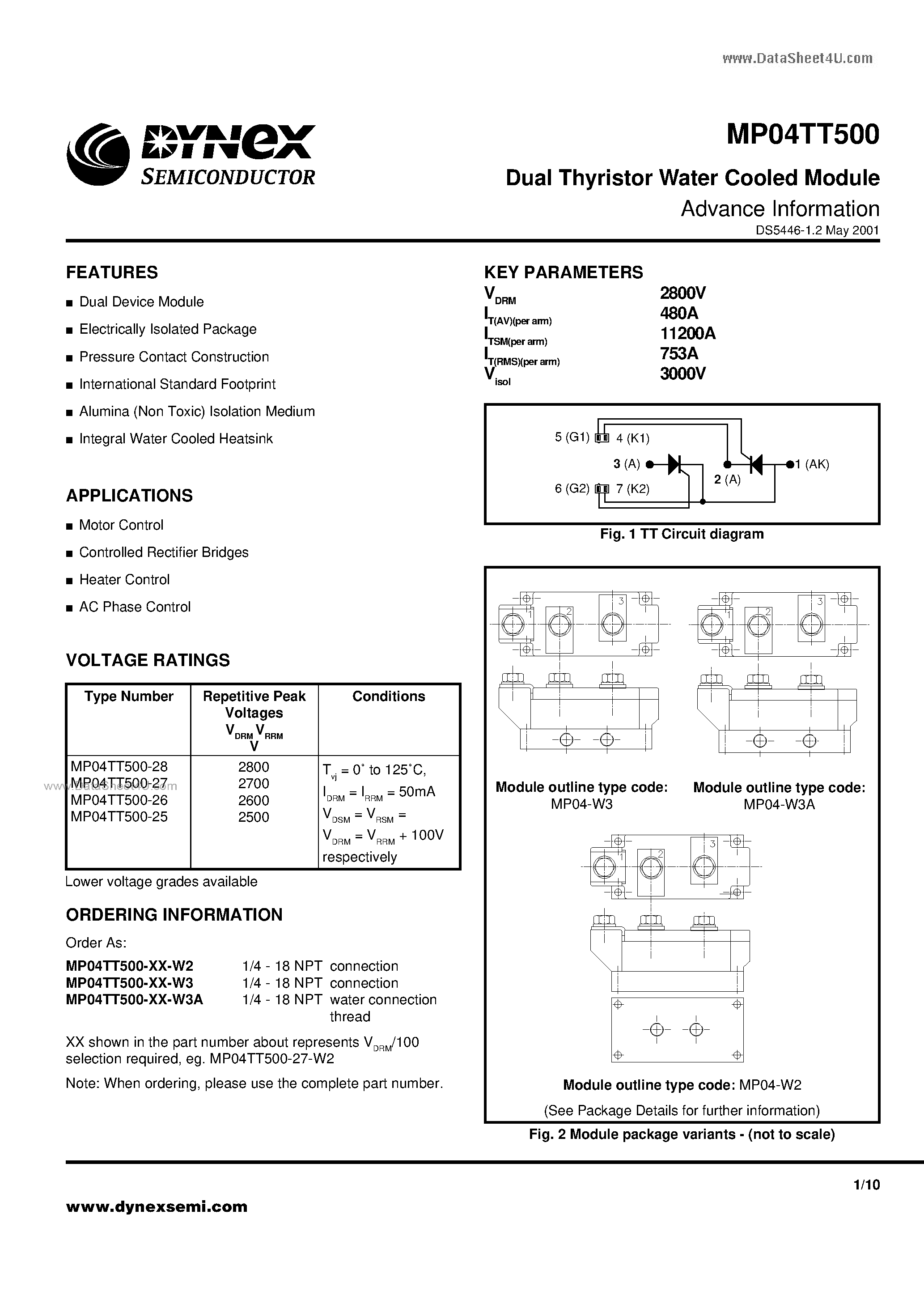 Datasheet MP04TT500 - Dual Thyristor Water Cooled Module Advance Information page 1