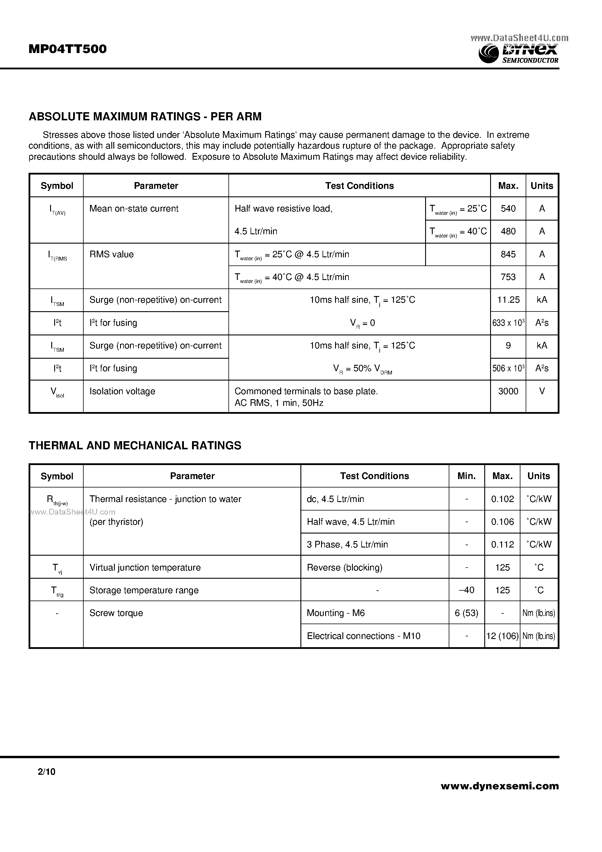 Datasheet MP04TT500 - Dual Thyristor Water Cooled Module Advance Information page 2