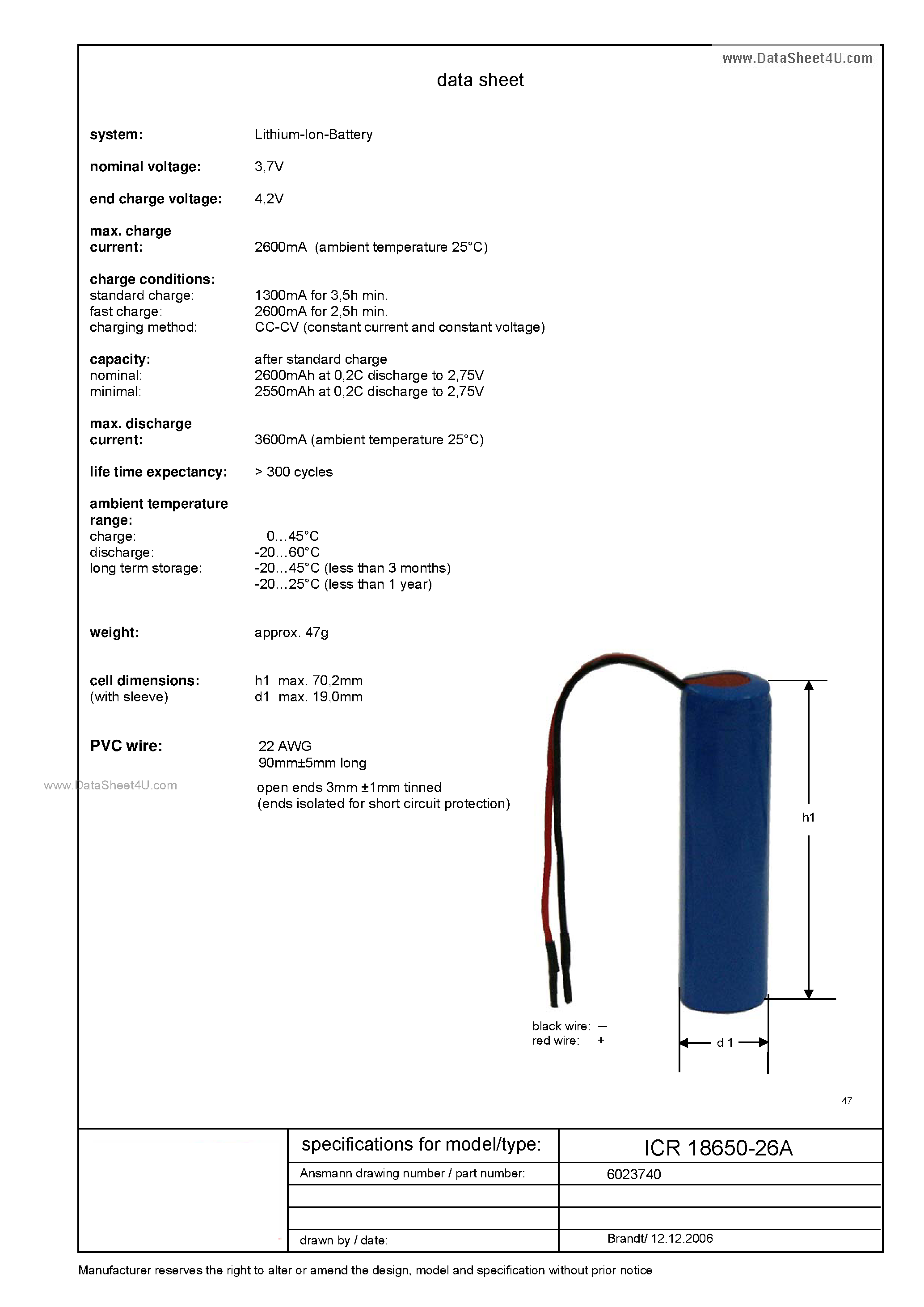 Datasheet ICR18650-26A - Lithium-Ion-Battery page 1