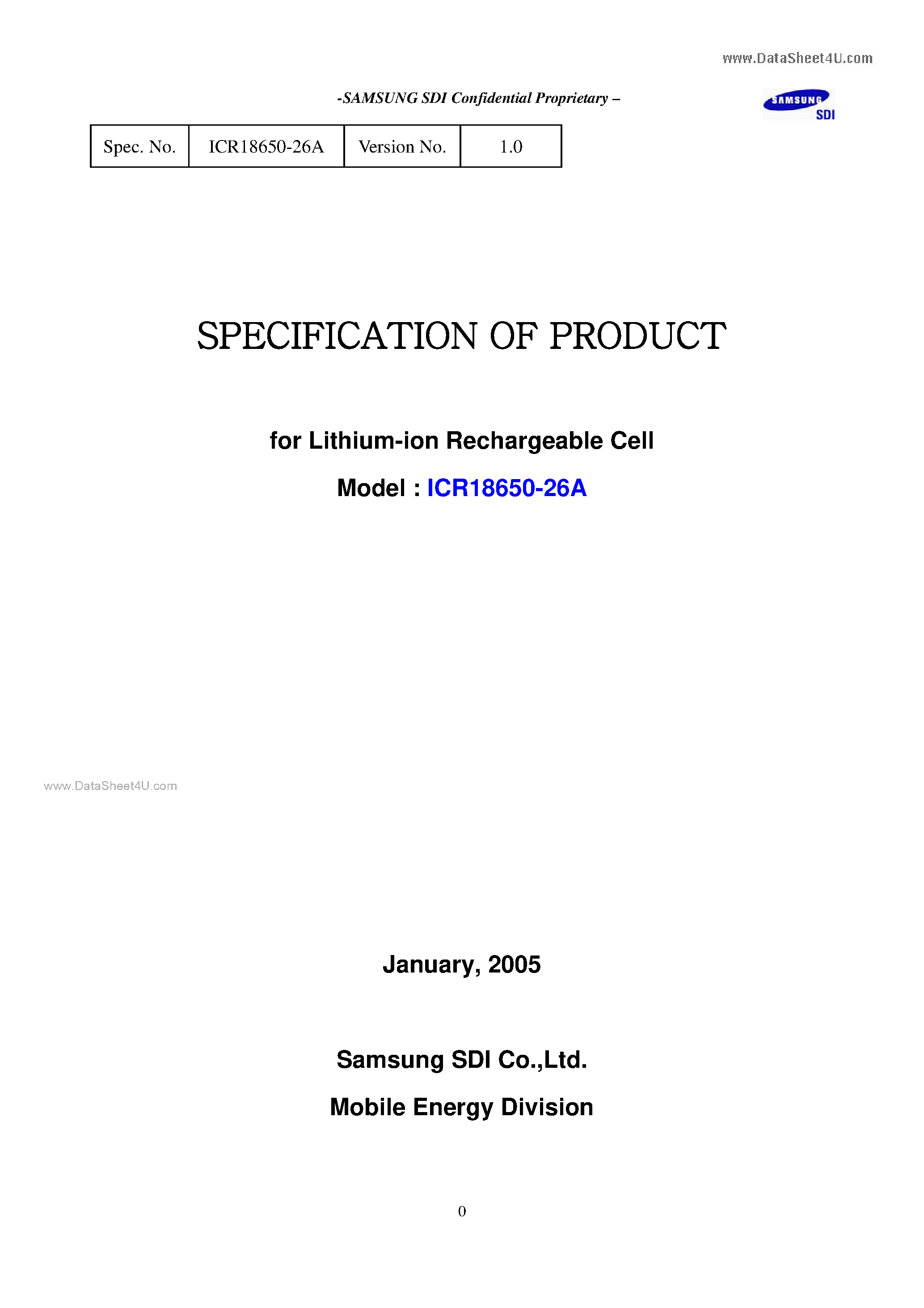Datasheet ICR18650-26A - Lithium-Ion-Battery page 1