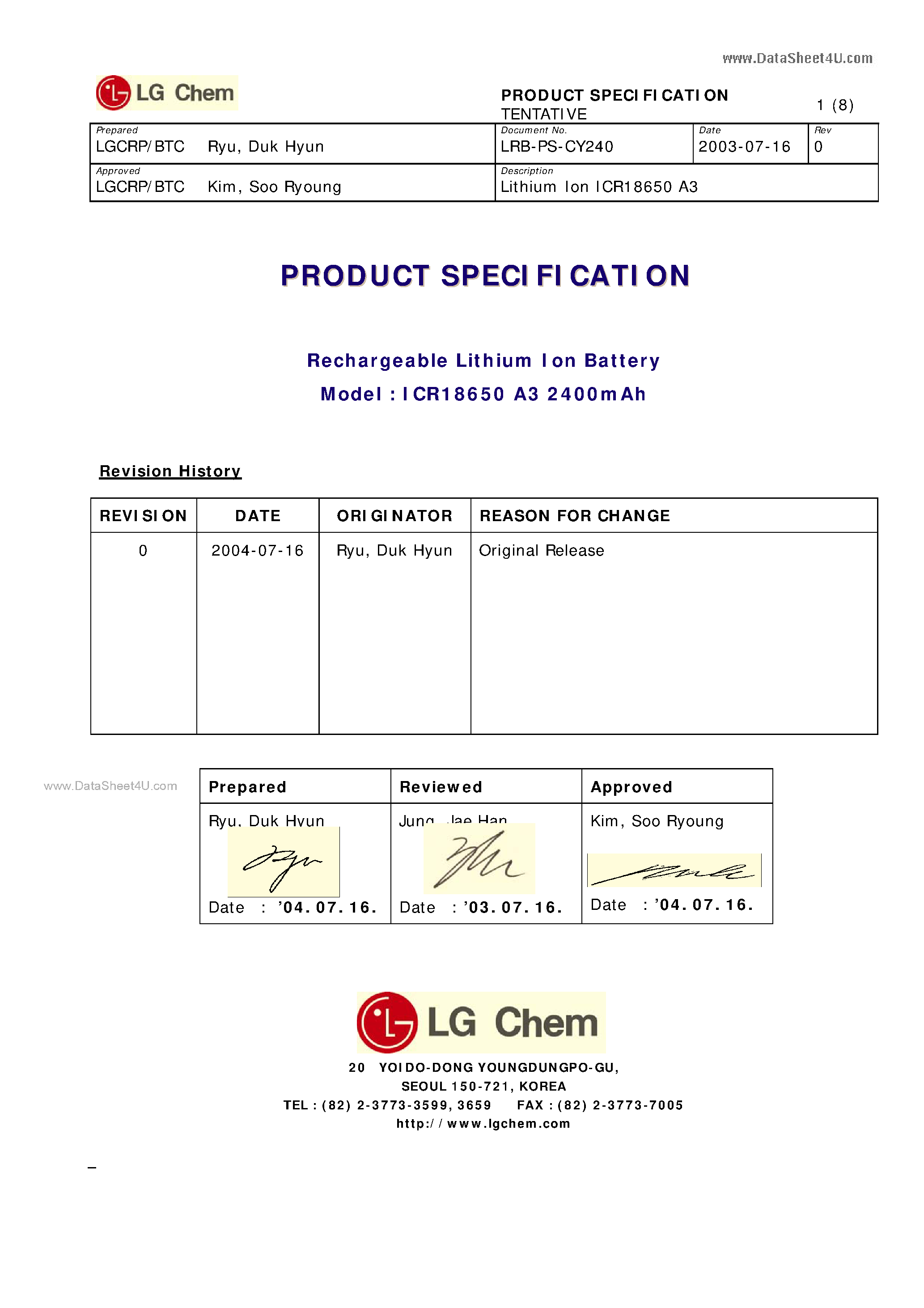 Datasheet ICR18650-A3 - Lithium-Ion-Battery page 1